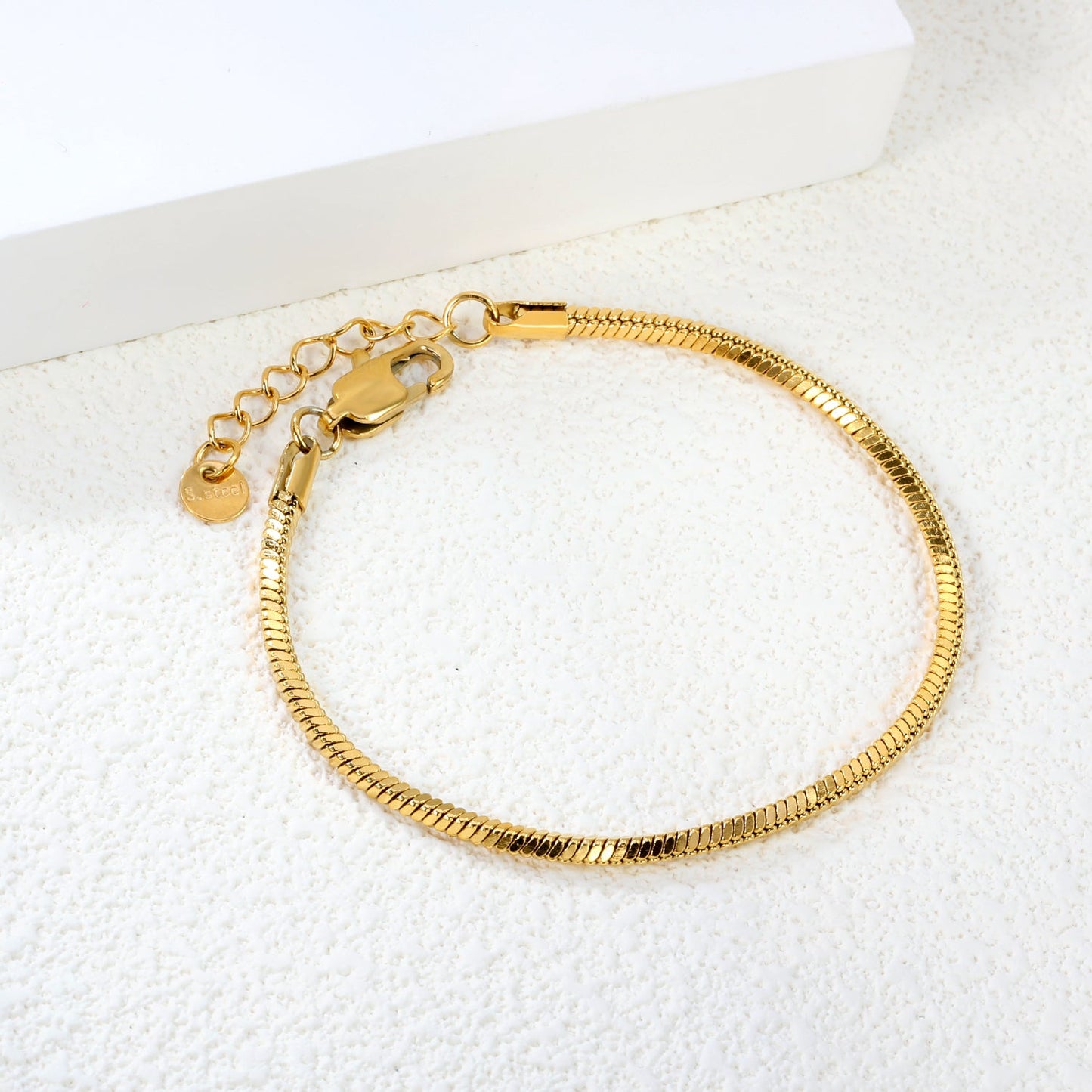 2.0mm/2.4mm Square Snake Bone Bracelet 18+3cm+6mm Round Tail Plaque Steel/Golden asonjewelry