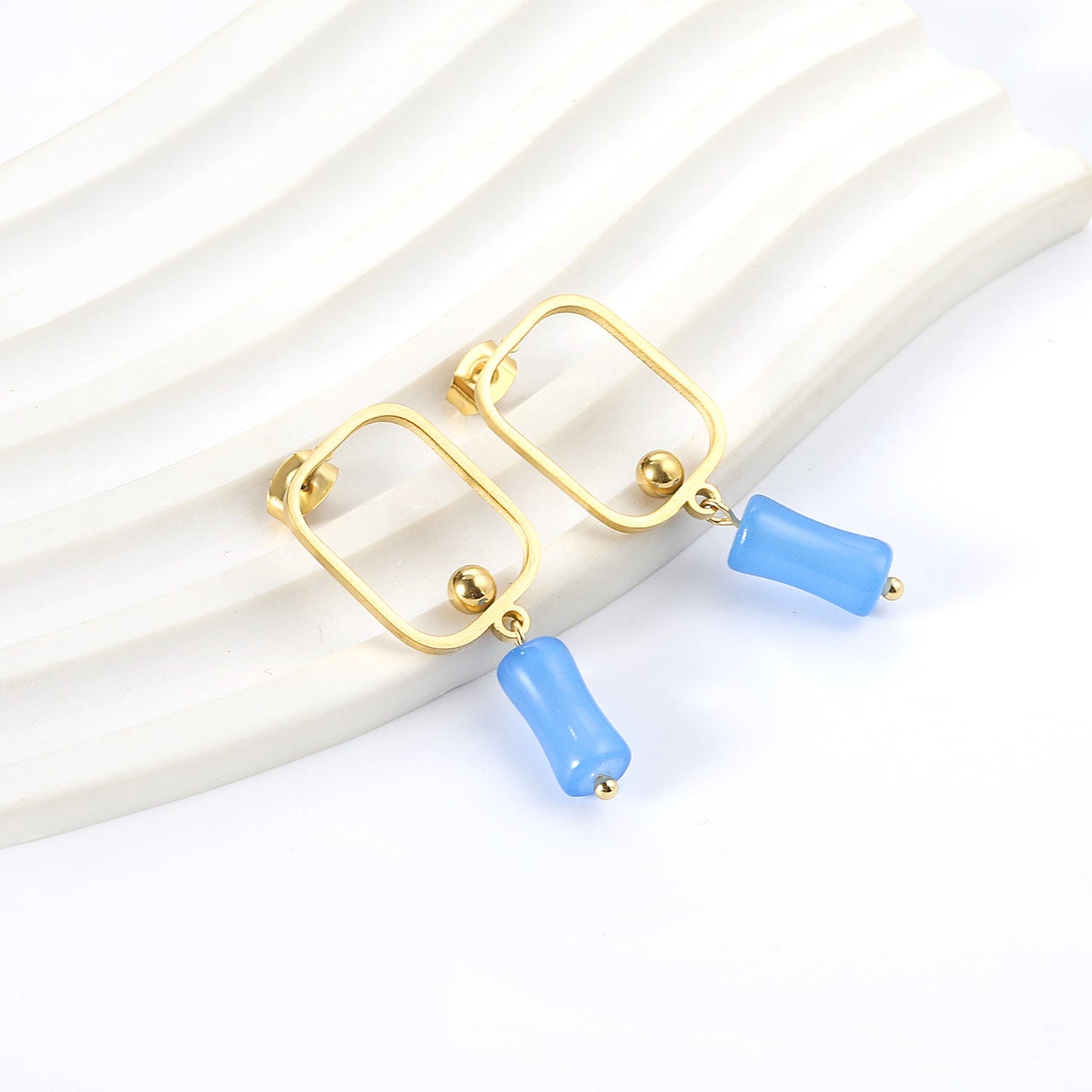 Square Hoops with Steel Beads & Pink & Blue & Green Column Stud Earrings asonjewelry