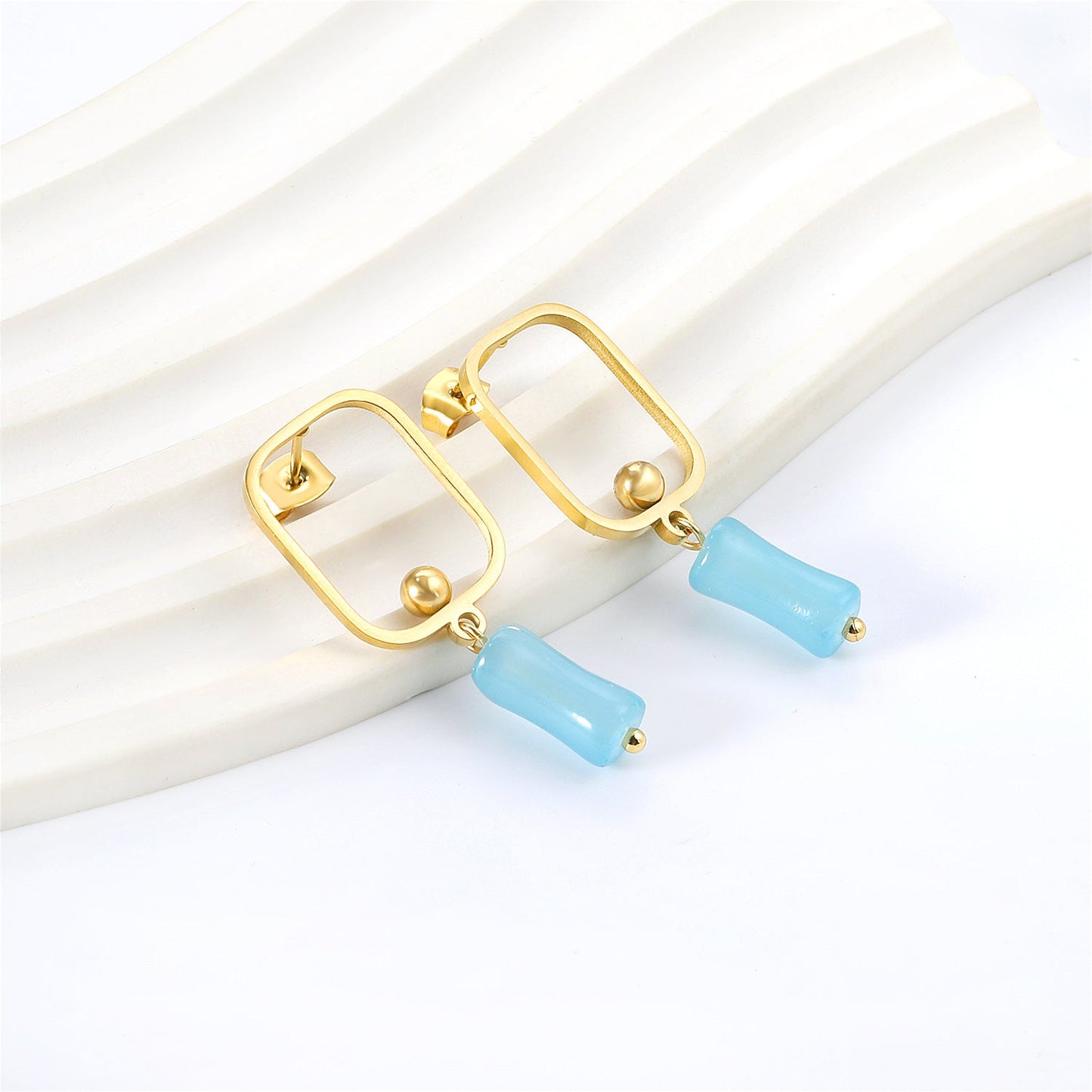 Square Hoops with Steel Beads & Pink & Blue & Green Column Stud Earrings asonjewelry