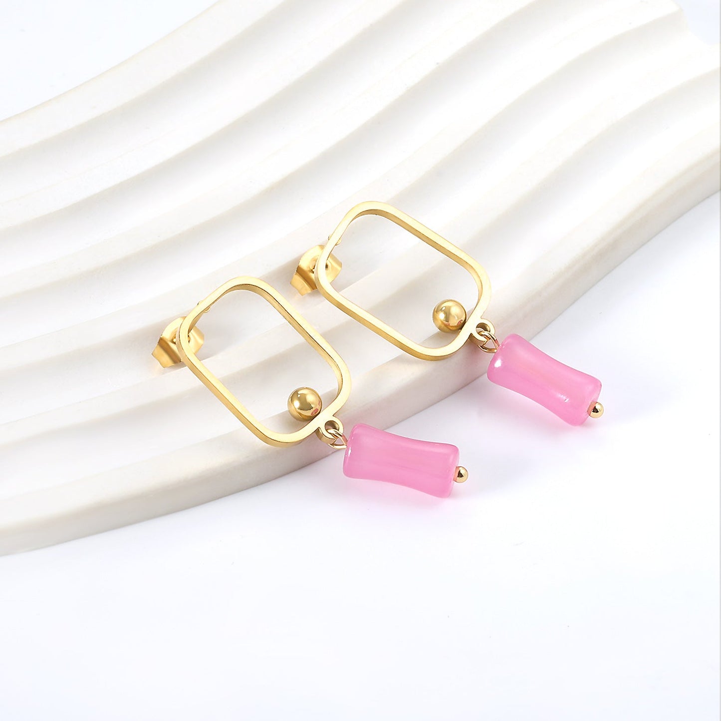 Square Hoops with Steel Beads & Pink & Blue & Green Column Stud Earrings asonjewelry