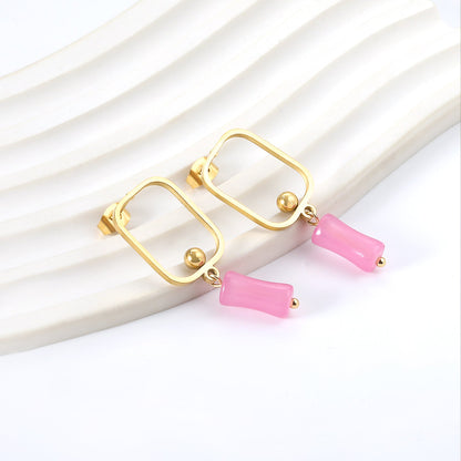 Square Hoops with Steel Beads & Pink & Blue & Green Column Stud Earrings asonjewelry