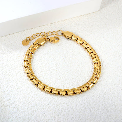 W 6mm*Thick 2.6mm Flattened Pearls Bracelet 18+3cm+6mm Round Tail Plate Steel / Gold asonjewelry