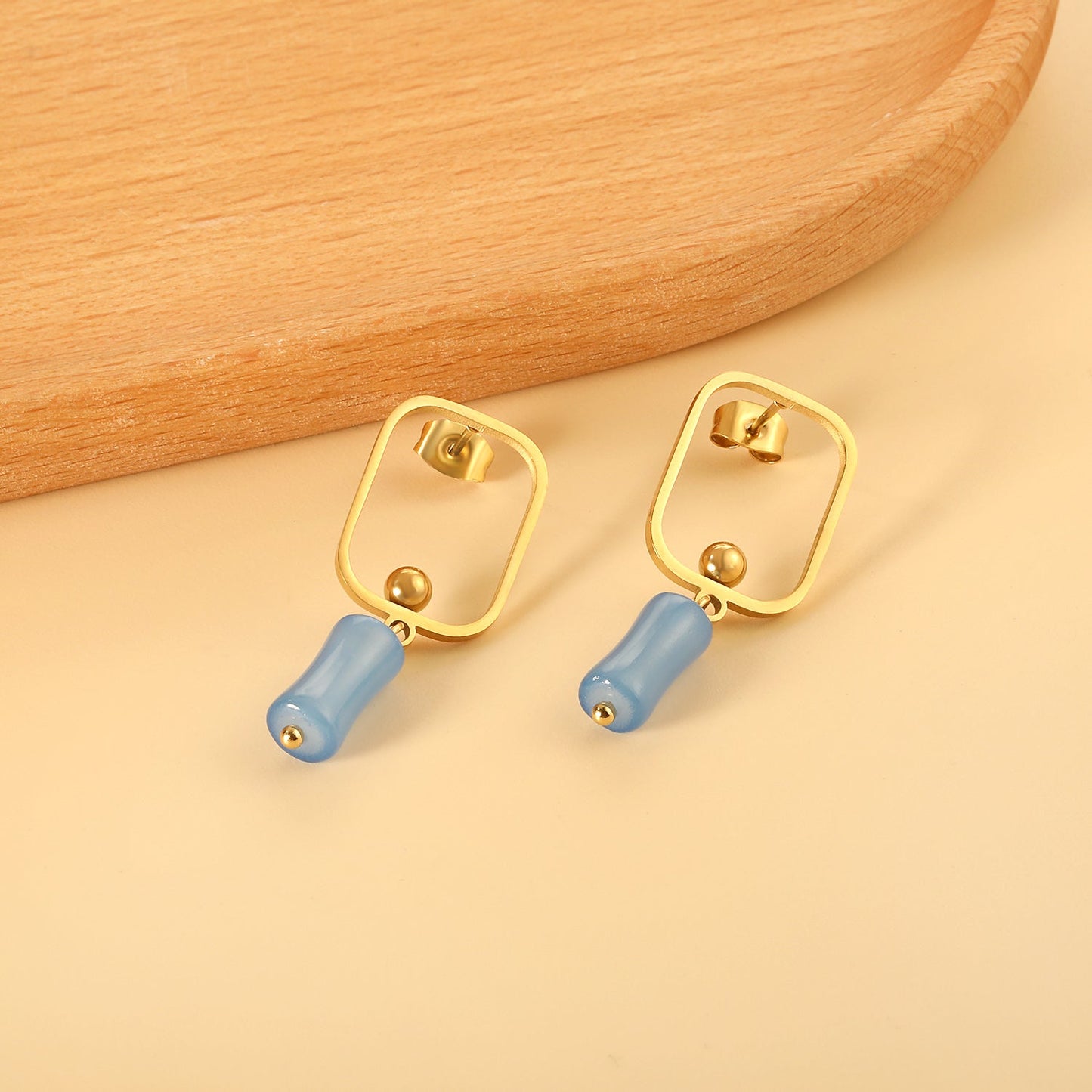 Square Hoops with Steel Beads & Pink & Blue & Green Column Stud Earrings asonjewelry