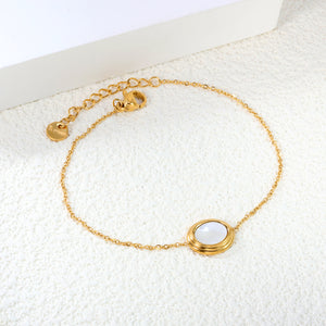 Steps Oval with White Shell Bracelet 0.3 Cross Chain 17+3cm+6mm Round Plaque Gold Color