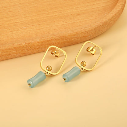 Square Hoops with Steel Beads & Pink & Blue & Green Column Stud Earrings asonjewelry