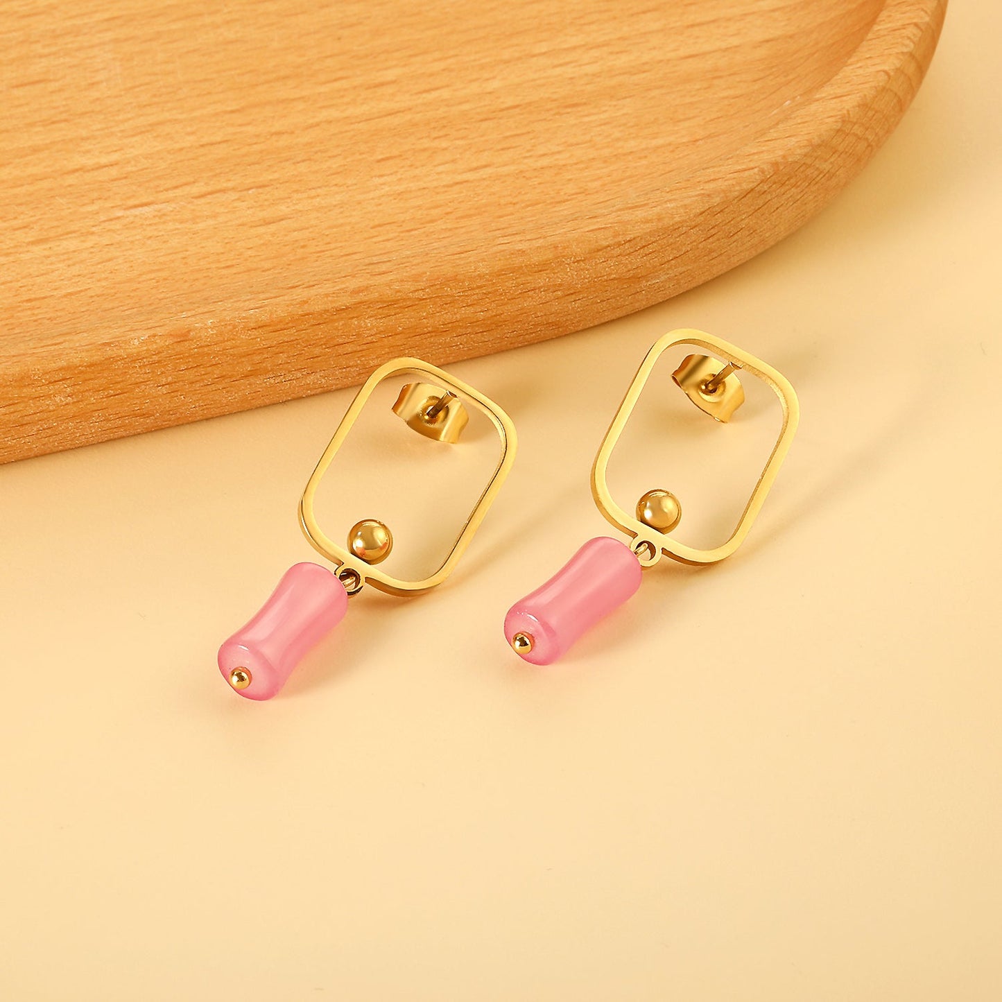 Square Hoops with Steel Beads & Pink & Blue & Green Column Stud Earrings asonjewelry