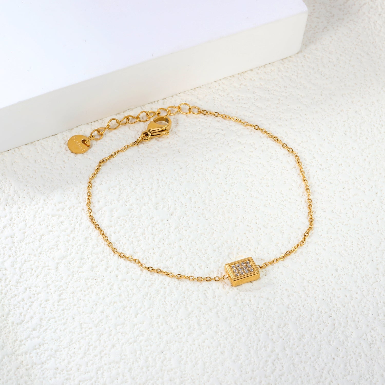 8mm Convex Square CNC White Zirconium 0.3 Cross Bracelet 18+3cm+6mm Round Tail Plaque Gold Color asonjewelry