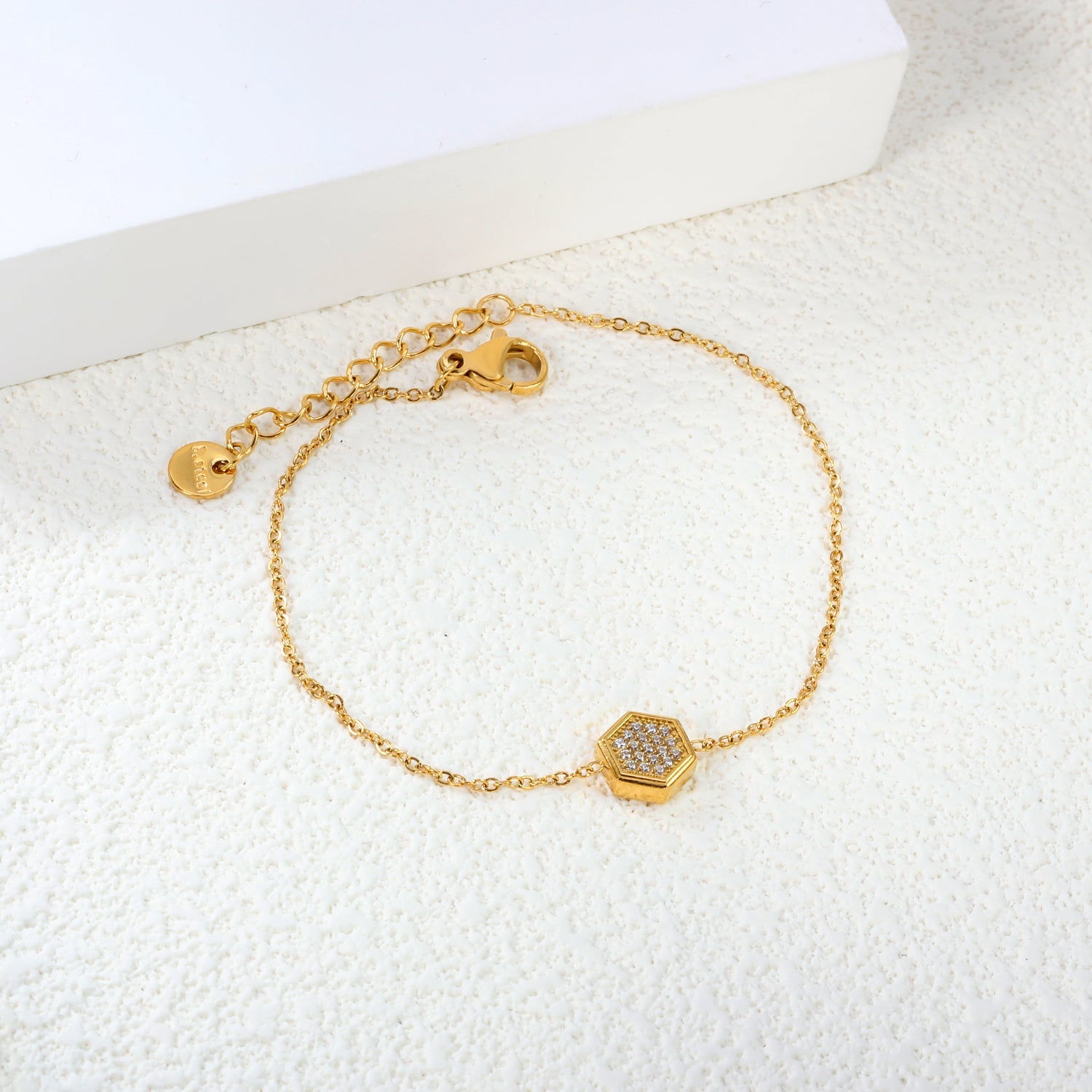 7.8*8.6mm Convex Hexagonal CNC White Zirconium 0.3 Cross Bracelet Bracelet 18+3cm+6mm Round Tail Plaque Gold Color asonjewelry