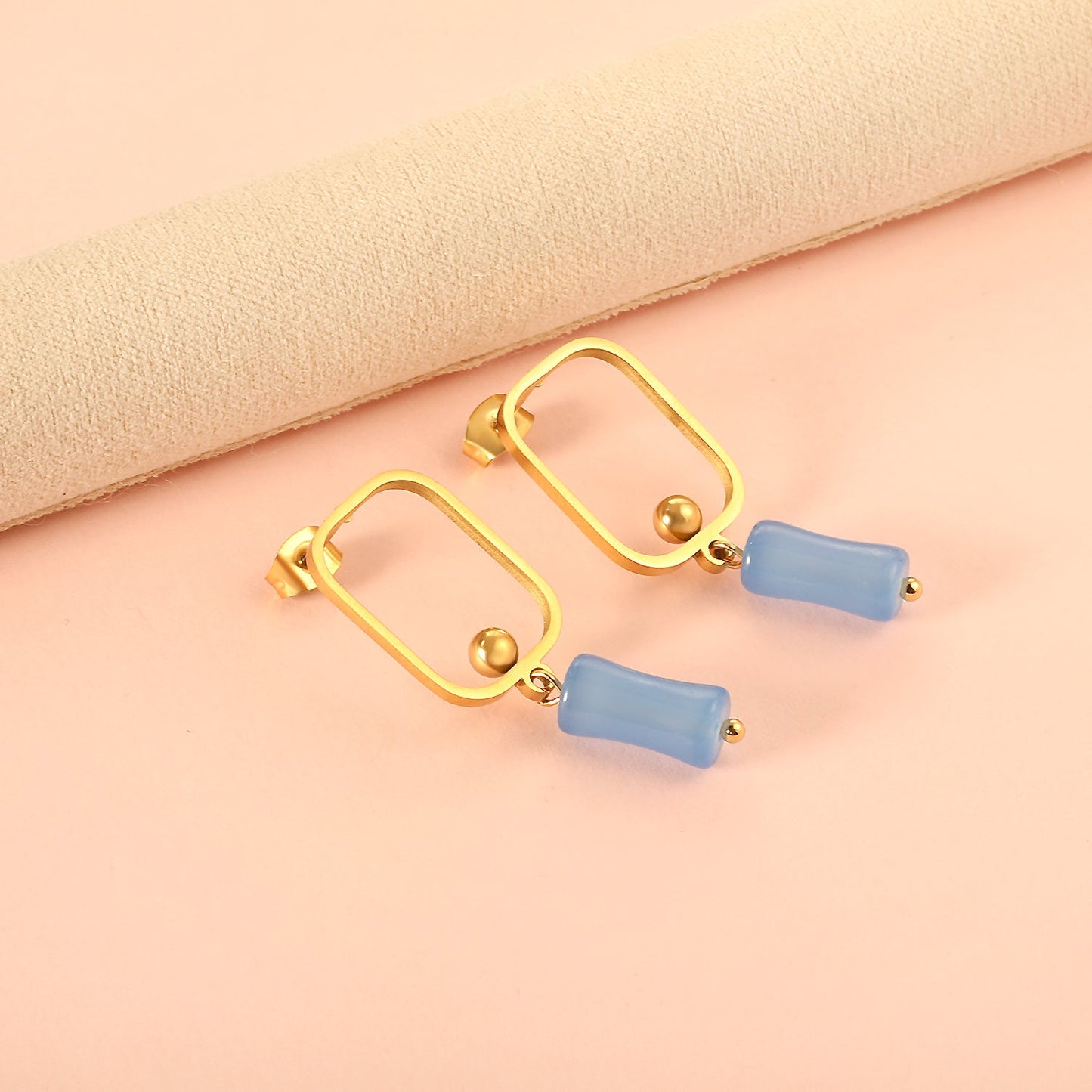 Square Hoops with Steel Beads & Pink & Blue & Green Column Stud Earrings asonjewelry
