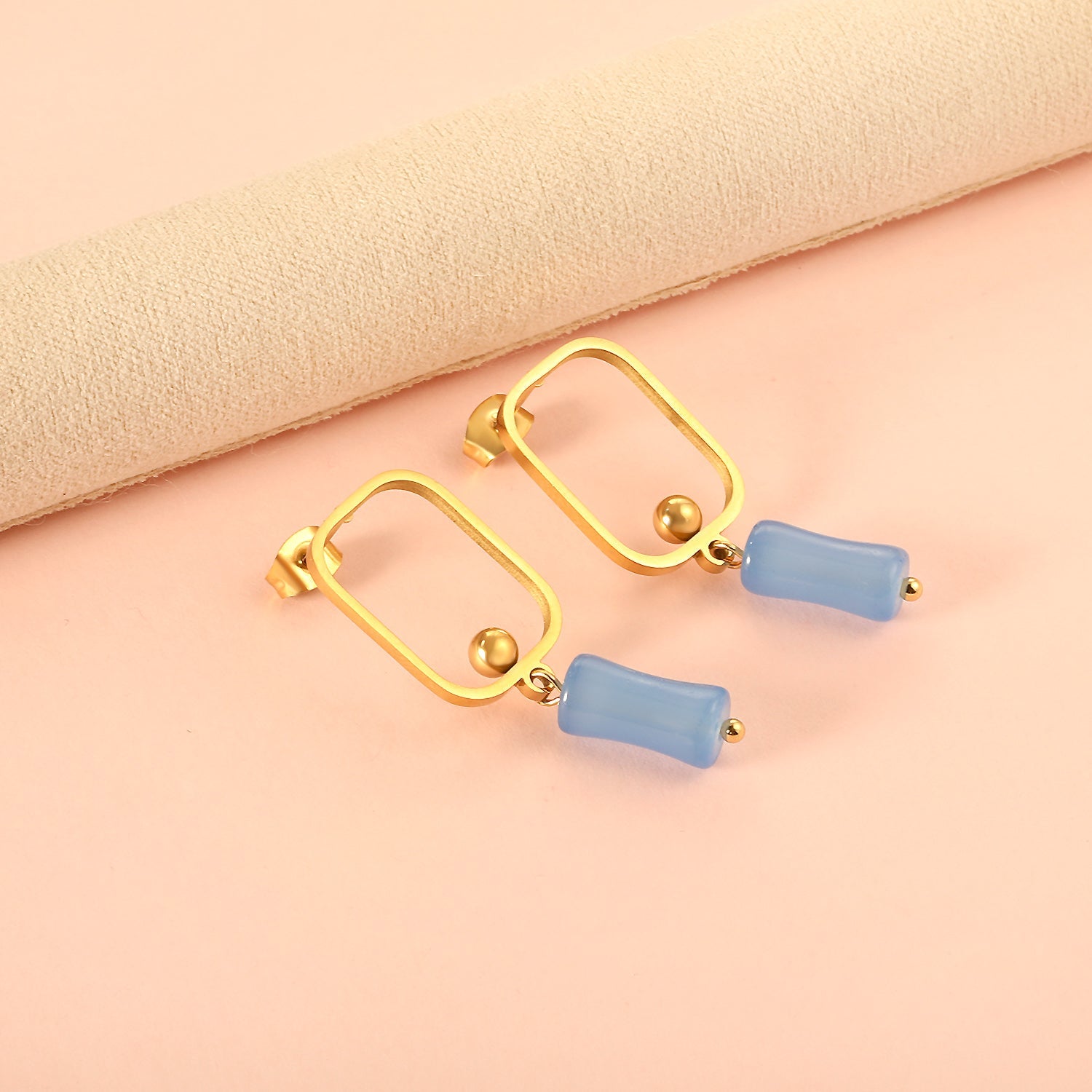 Square Hoops with Steel Beads & Pink & Blue & Green Column Stud Earrings asonjewelry