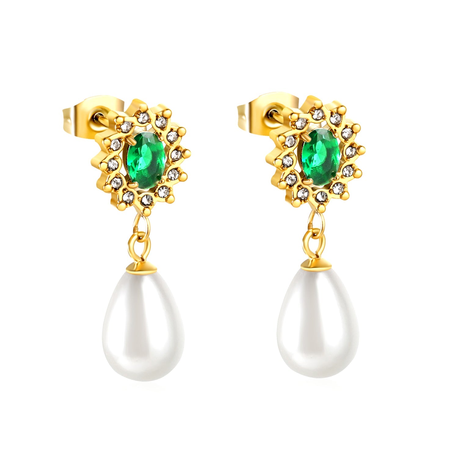 Heart Green Diamonds + White Diamond Hoops with Teardrop White Pearls Stud Earrings asonjewelry