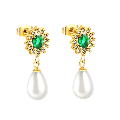 Heart Green Diamonds + White Diamond Hoops with Teardrop White Pearls Stud Earrings asonjewelry