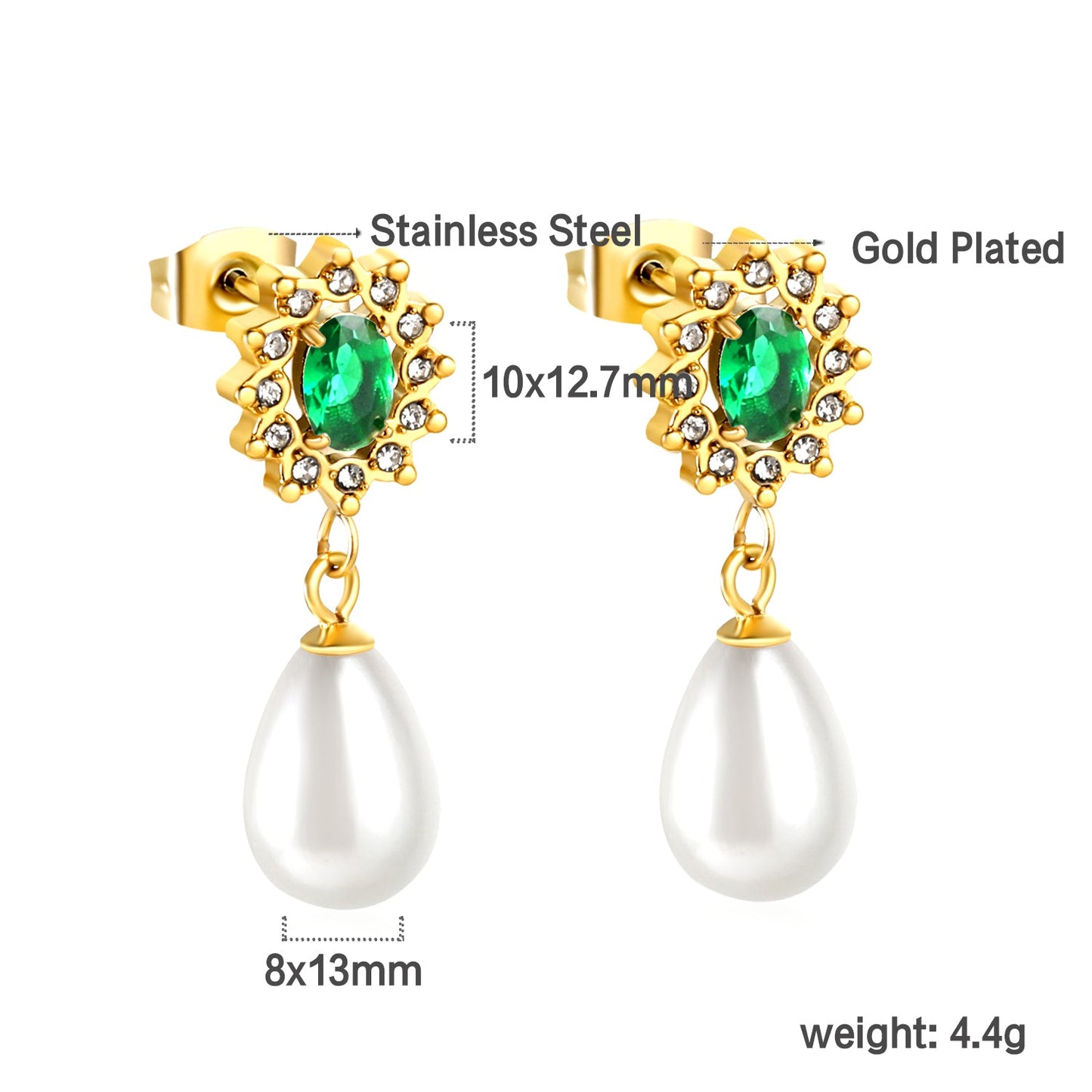 Heart Green Diamonds + White Diamond Hoops with Teardrop White Pearls Stud Earrings asonjewelry