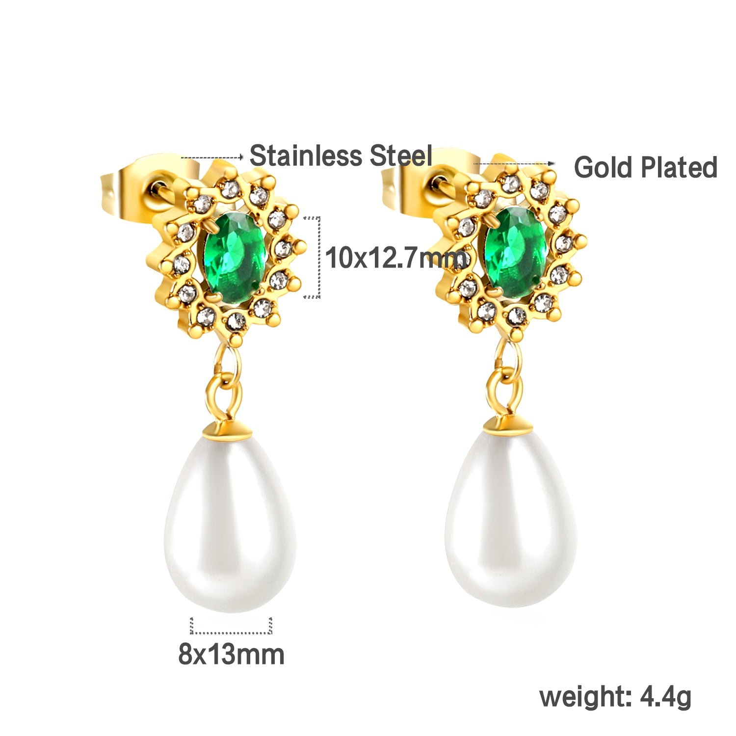Heart Green Diamonds + White Diamond Hoops with Teardrop White Pearls Stud Earrings asonjewelry