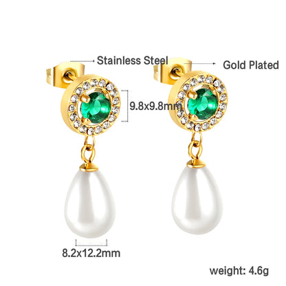 Heart Green Diamonds + White Diamond Hoops with Teardrop White Pearls Stud Earrings asonjewelry