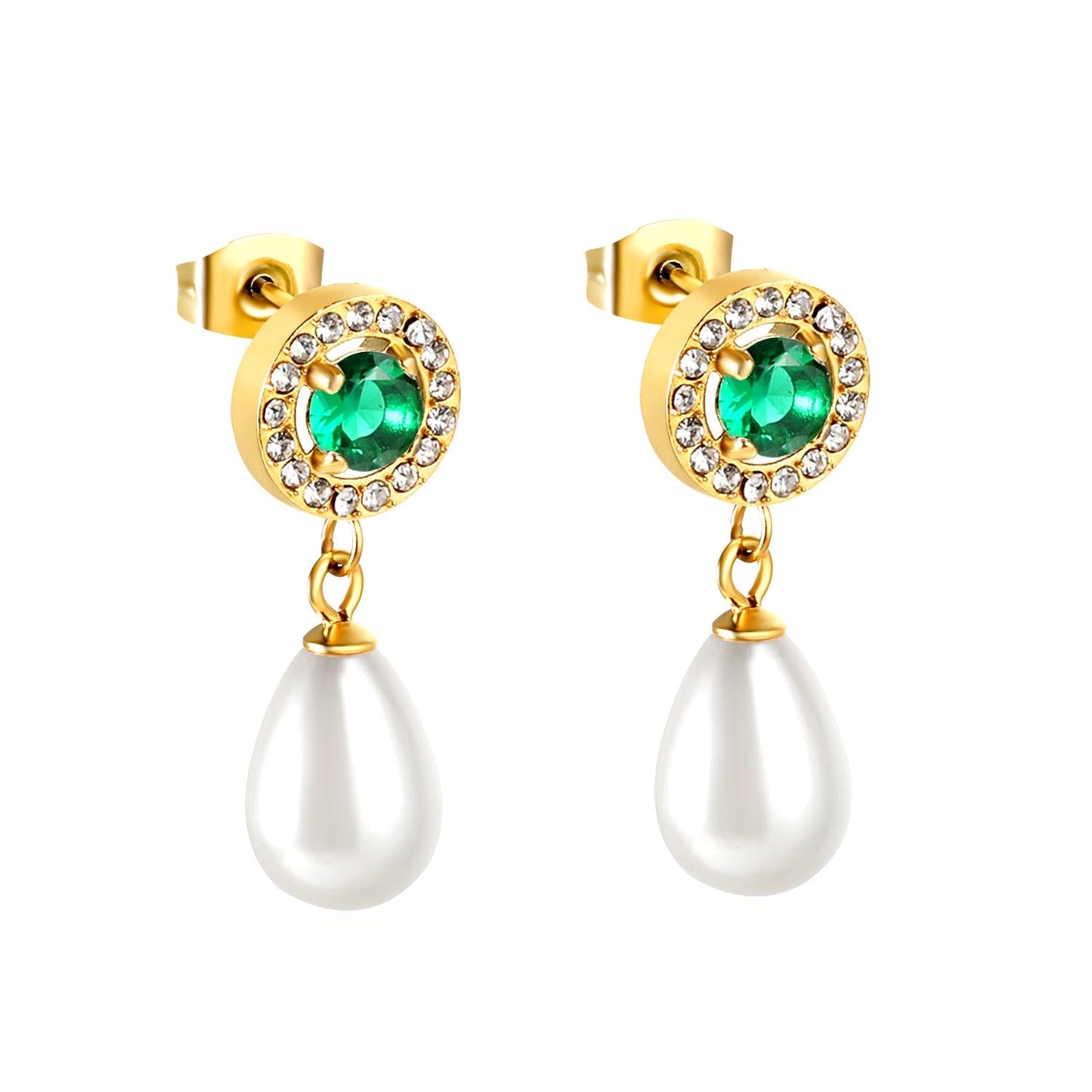 Heart Green Diamonds + White Diamond Hoops with Teardrop White Pearls Stud Earrings asonjewelry
