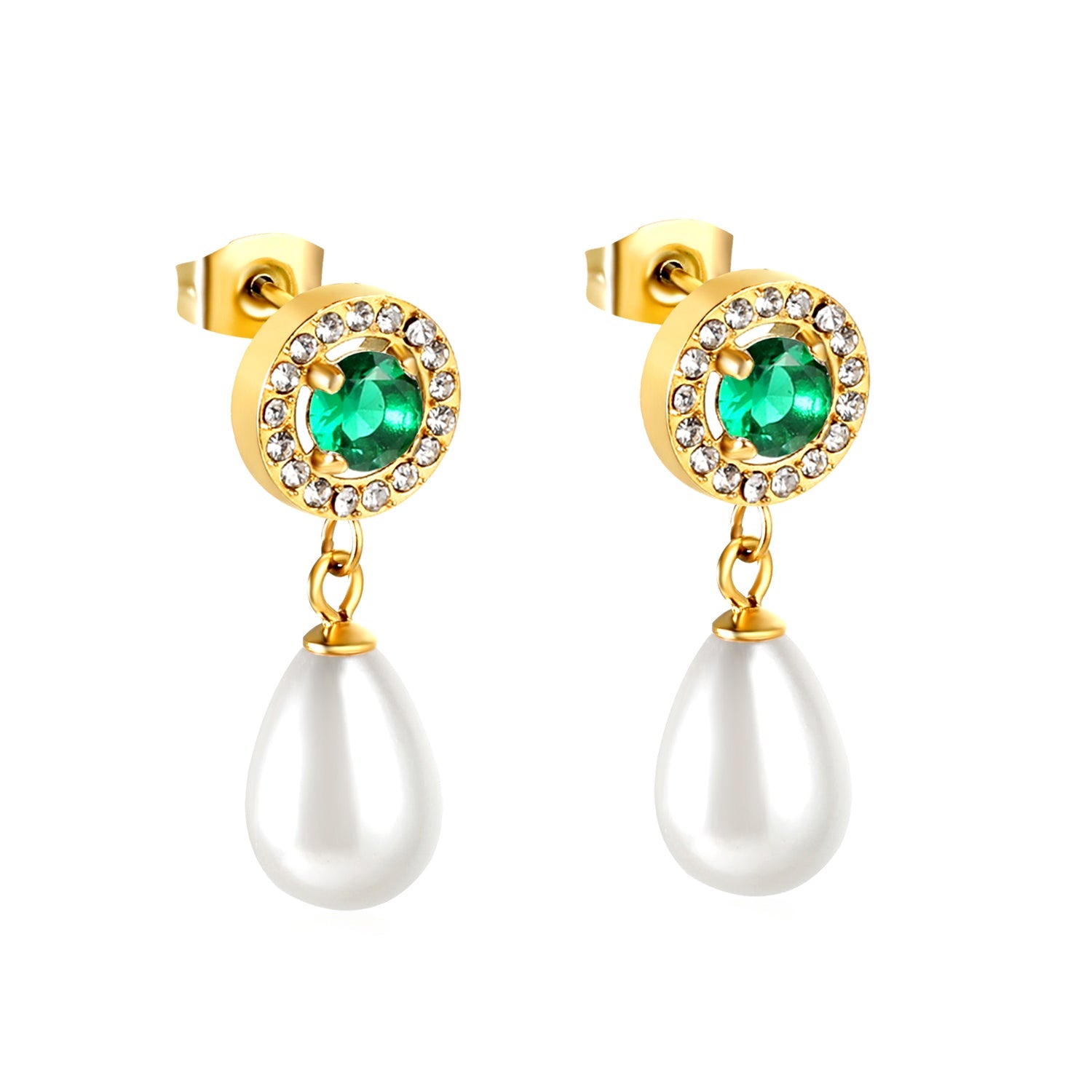 Heart Green Diamonds + White Diamond Hoops with Teardrop White Pearls Stud Earrings asonjewelry