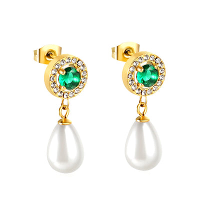 Heart Green Diamonds + White Diamond Hoops with Teardrop White Pearls Stud Earrings asonjewelry