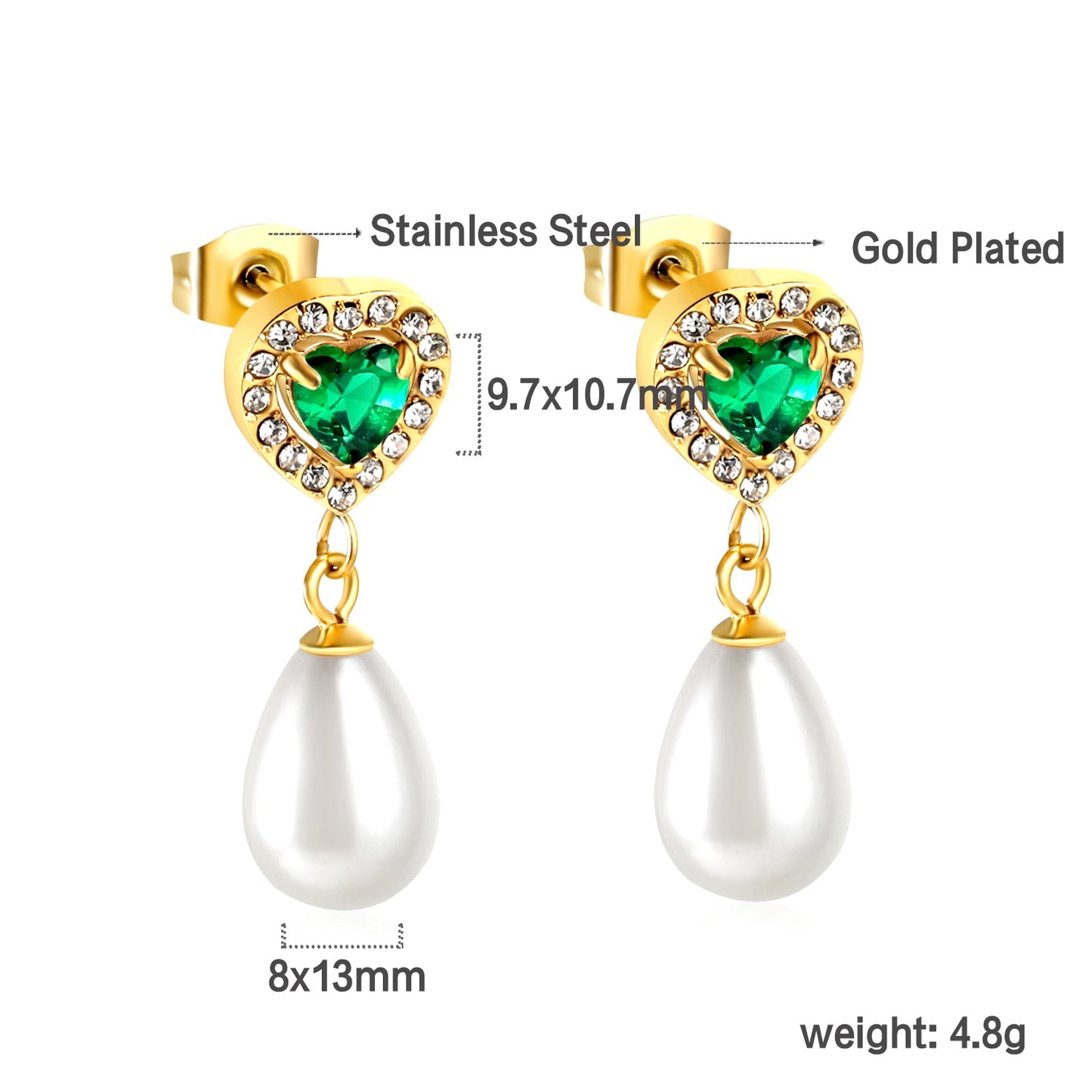 Heart Green Diamonds + White Diamond Hoops with Teardrop White Pearls Stud Earrings asonjewelry
