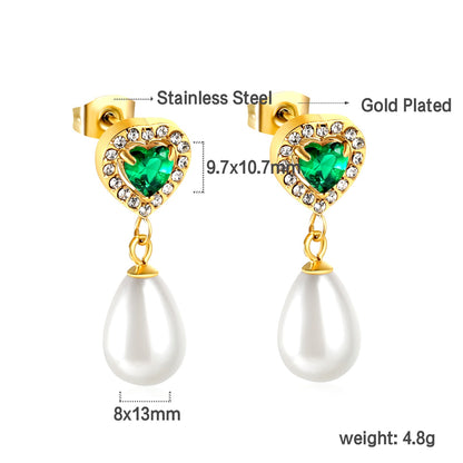 Heart Green Diamonds + White Diamond Hoops with Teardrop White Pearls Stud Earrings asonjewelry