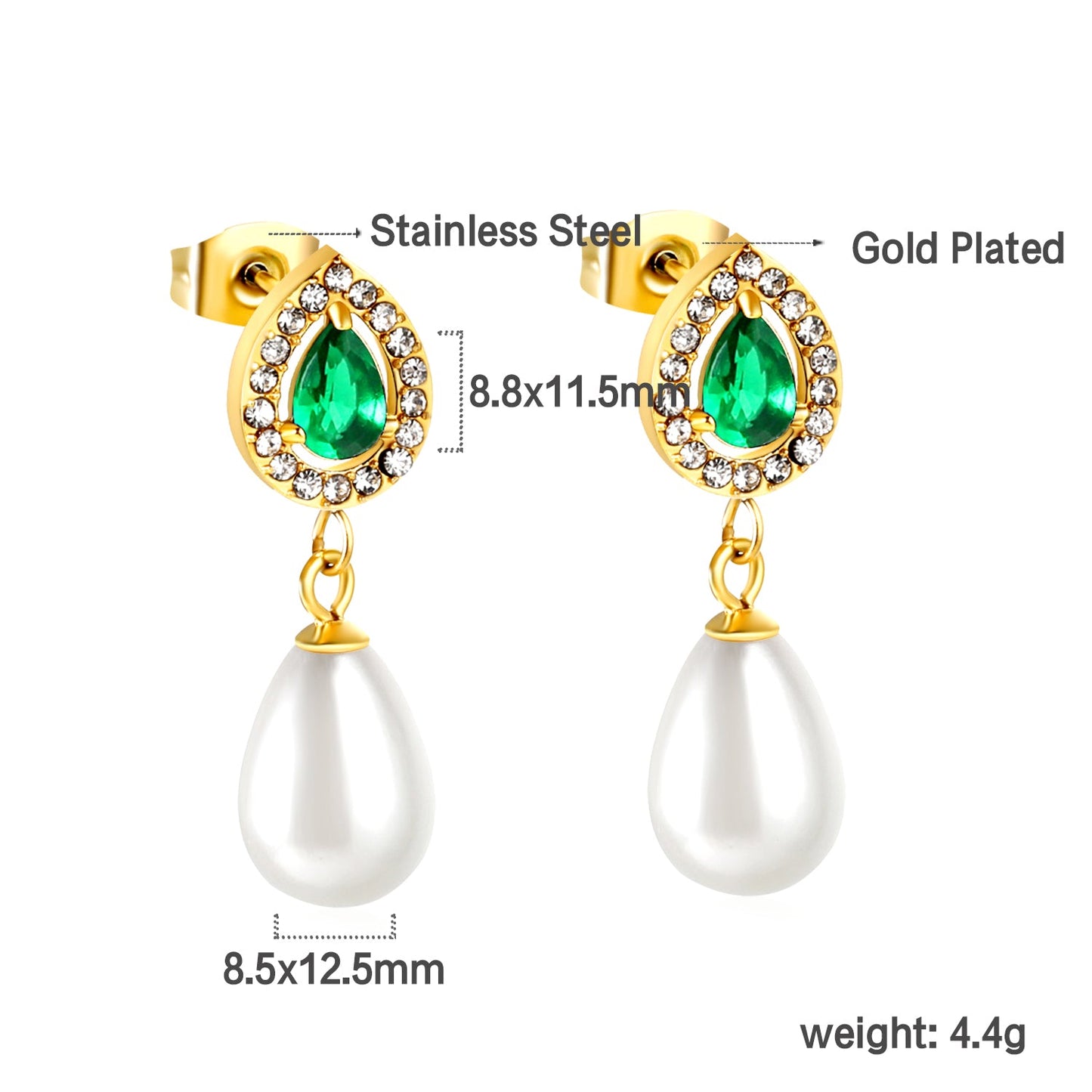 Heart Green Diamonds + White Diamond Hoops with Teardrop White Pearls Stud Earrings asonjewelry