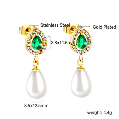Heart Green Diamonds + White Diamond Hoops with Teardrop White Pearls Stud Earrings asonjewelry