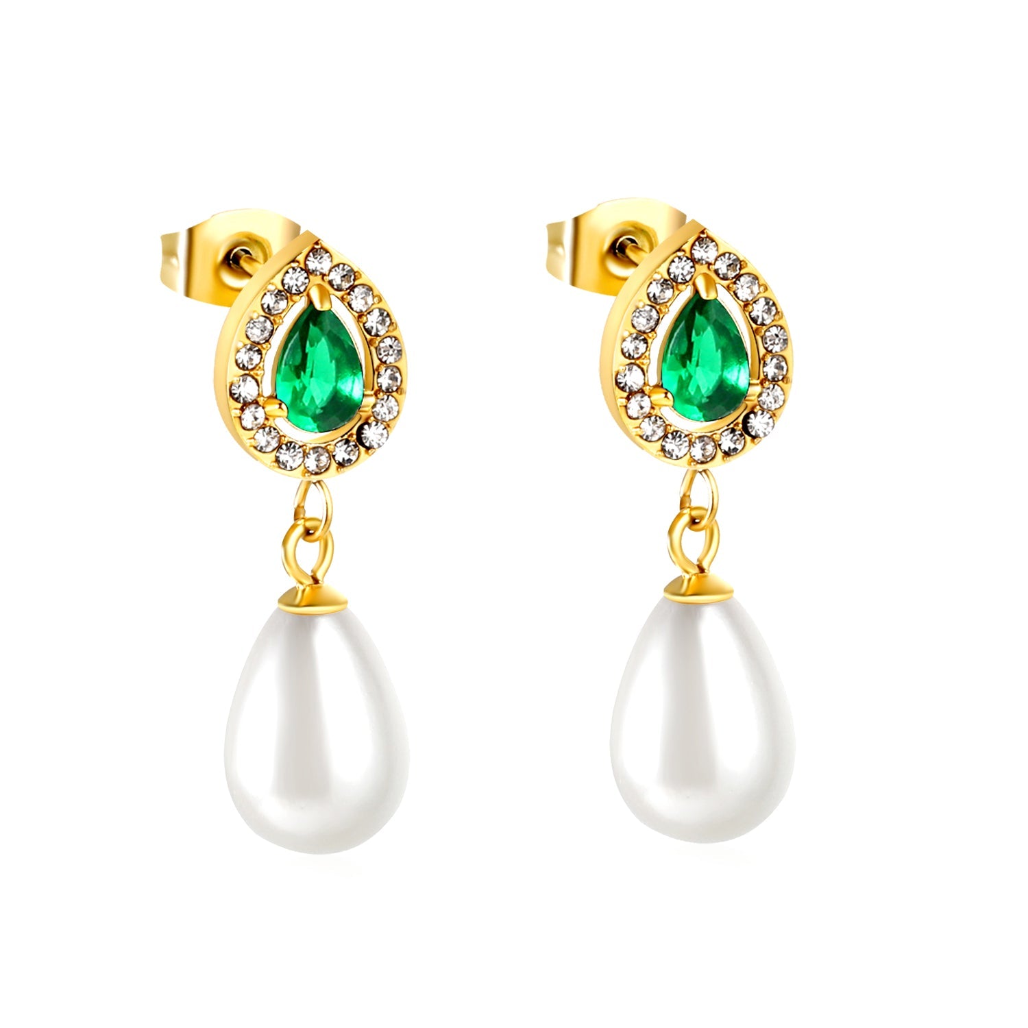 Heart Green Diamonds + White Diamond Hoops with Teardrop White Pearls Stud Earrings asonjewelry