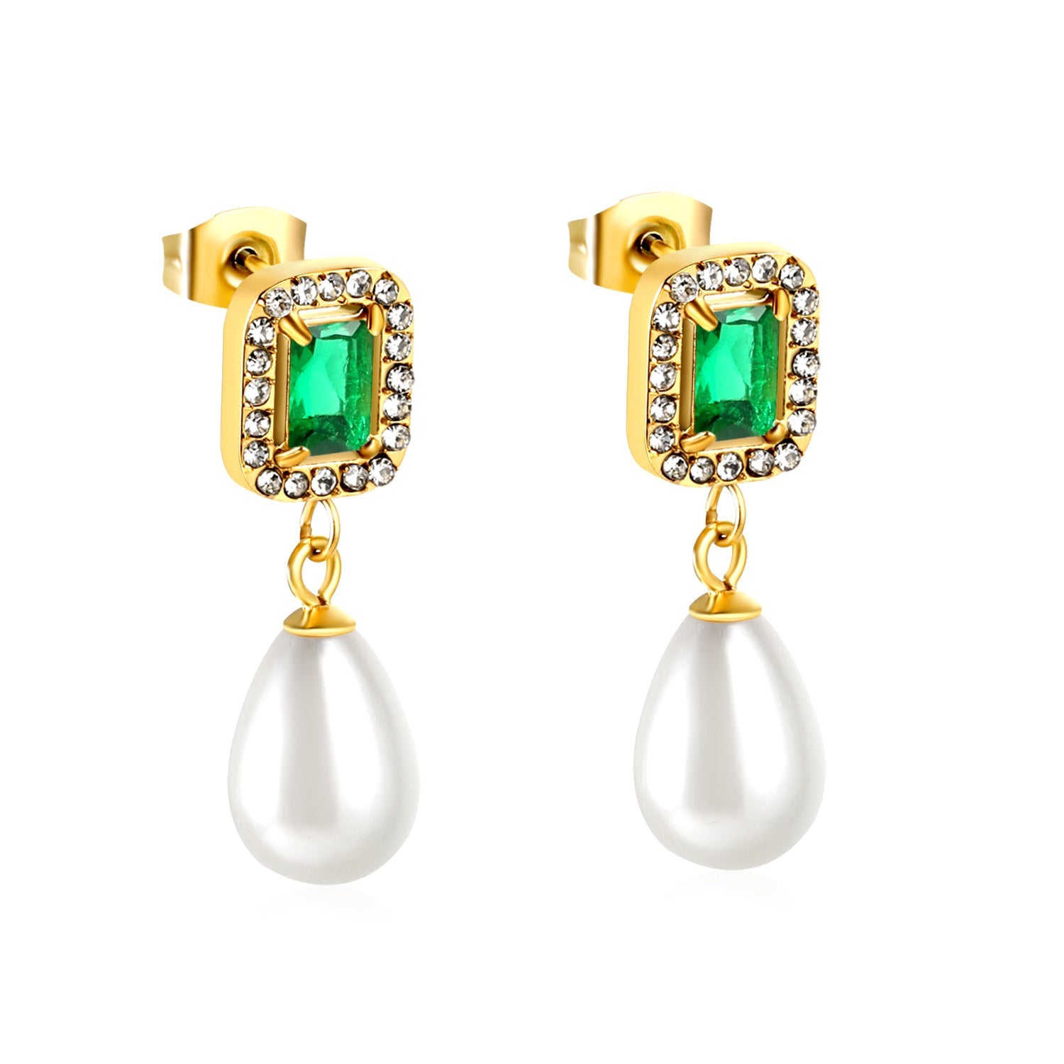 Heart Green Diamonds + White Diamond Hoops with Teardrop White Pearls Stud Earrings asonjewelry