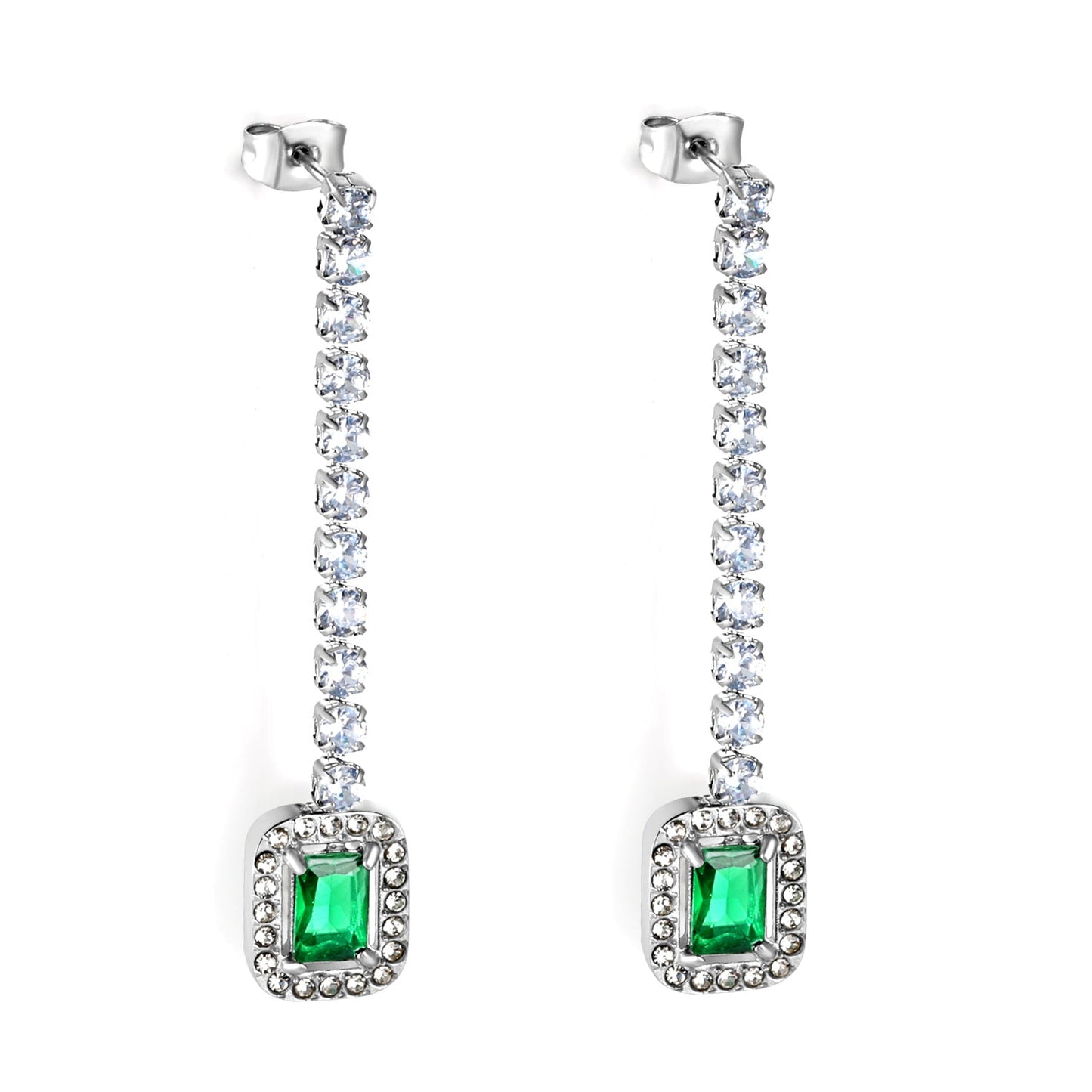 Square Baguette White Diamonds with Round Green Diamonds + White Diamond Hoop Earrings asonjewelry