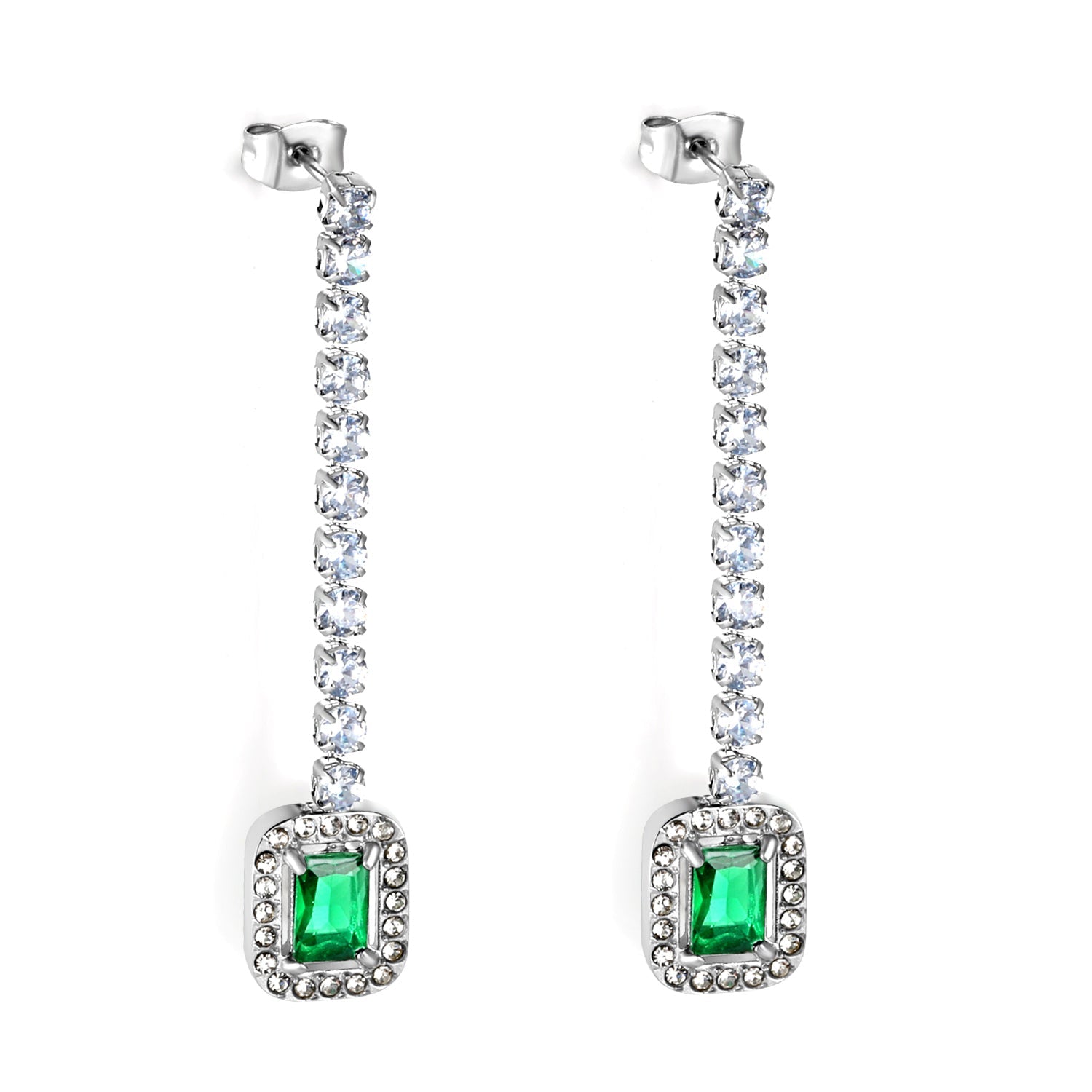Square Baguette White Diamonds with Round Green Diamonds + White Diamond Hoop Earrings asonjewelry