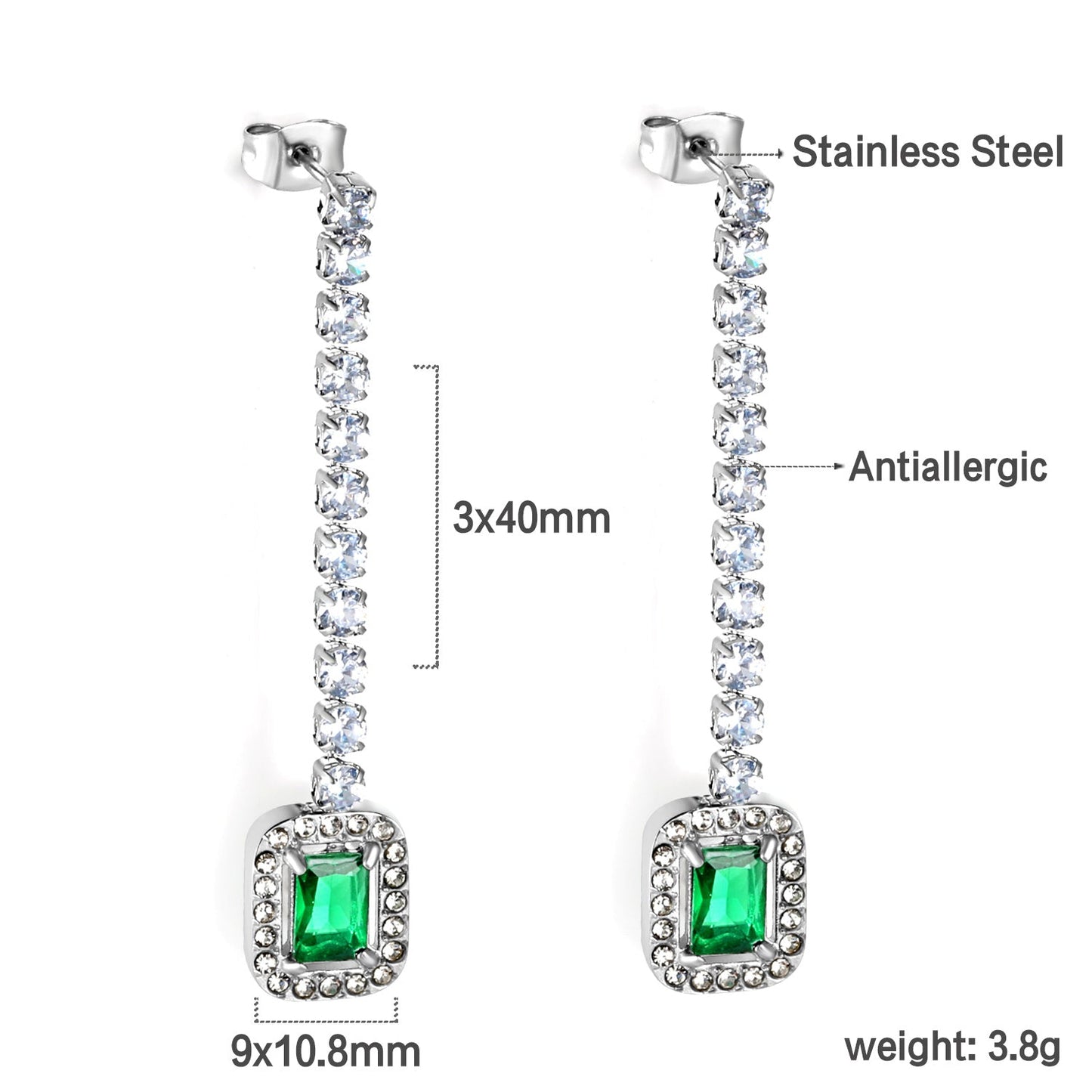 Square Baguette White Diamonds with Round Green Diamonds + White Diamond Hoop Earrings asonjewelry