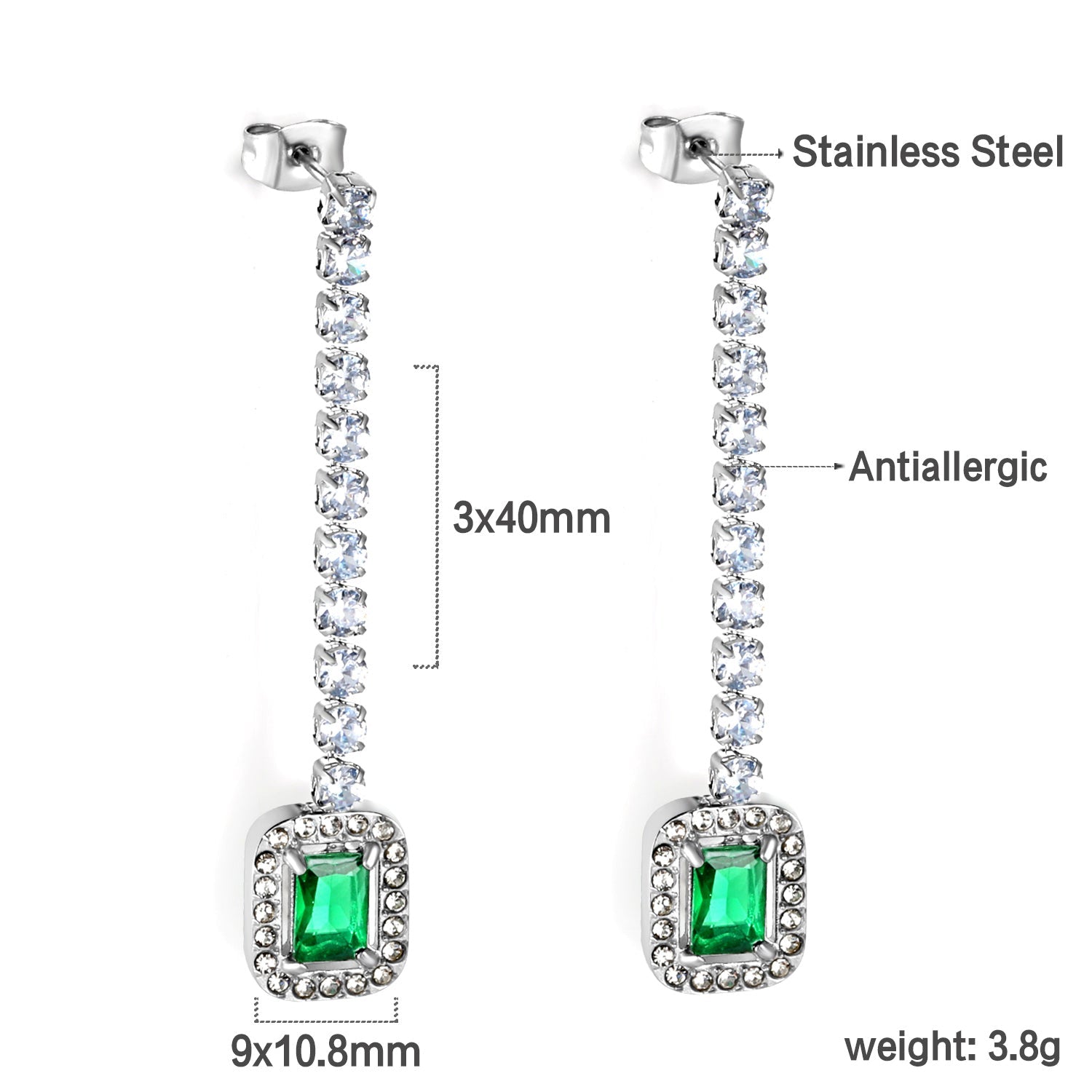 Square Baguette White Diamonds with Round Green Diamonds + White Diamond Hoop Earrings asonjewelry