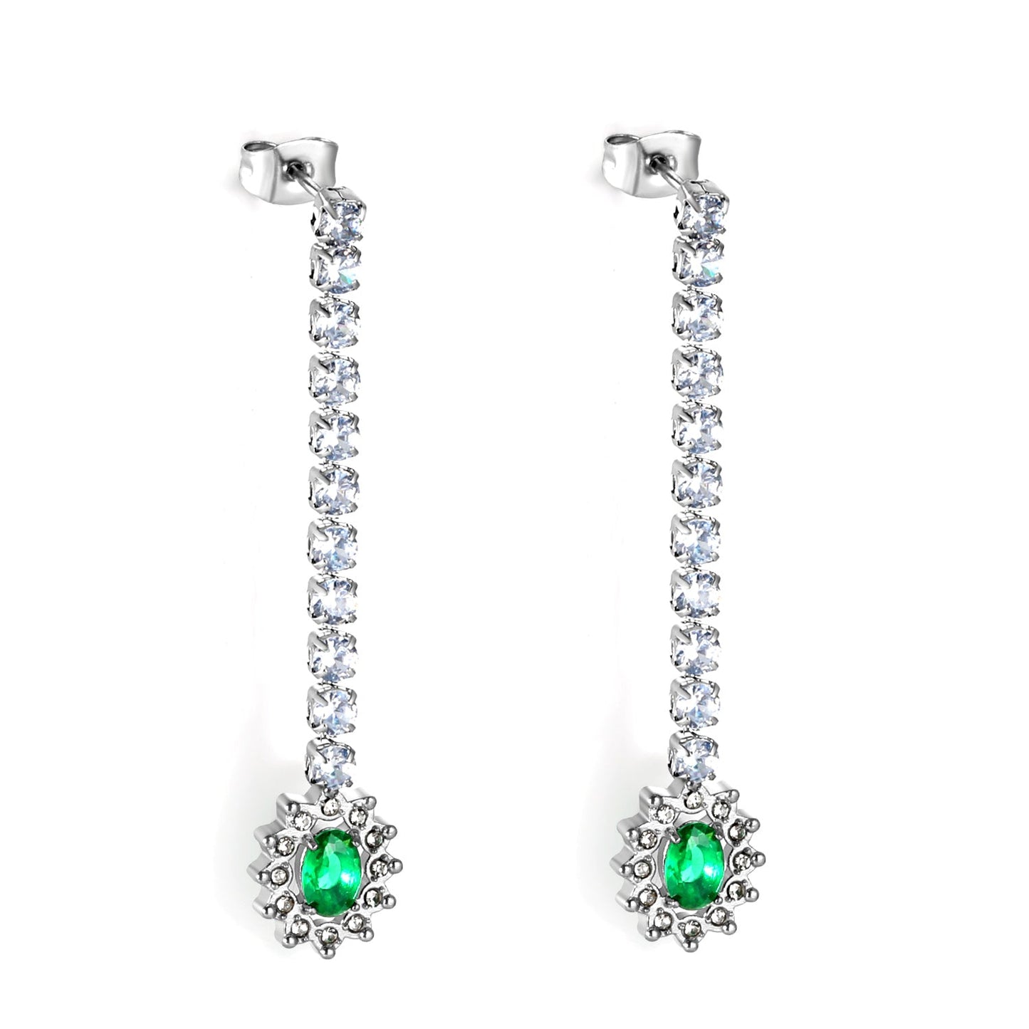 Square Baguette White Diamonds with Round Green Diamonds + White Diamond Hoop Earrings asonjewelry