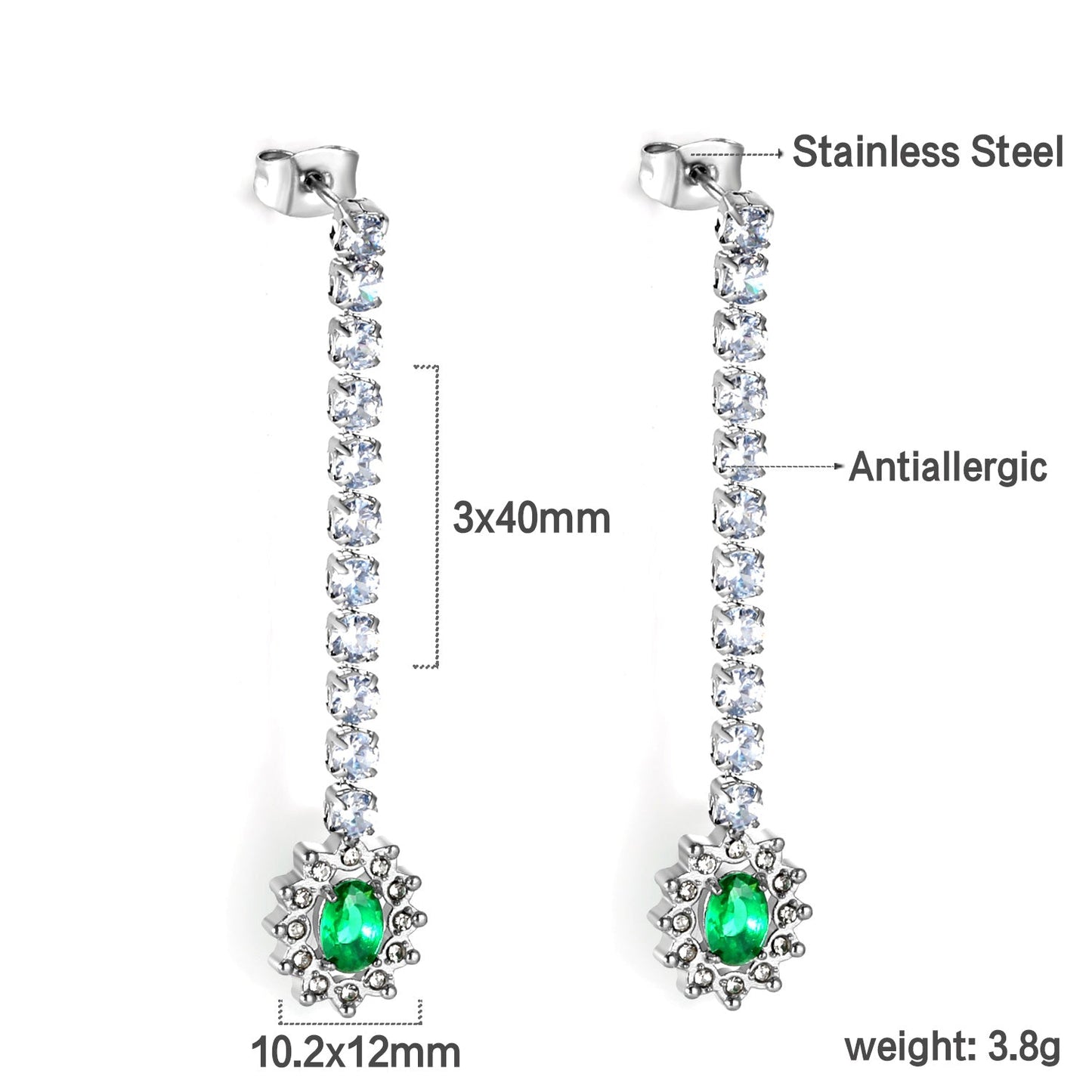 Square Baguette White Diamonds with Round Green Diamonds + White Diamond Hoop Earrings asonjewelry