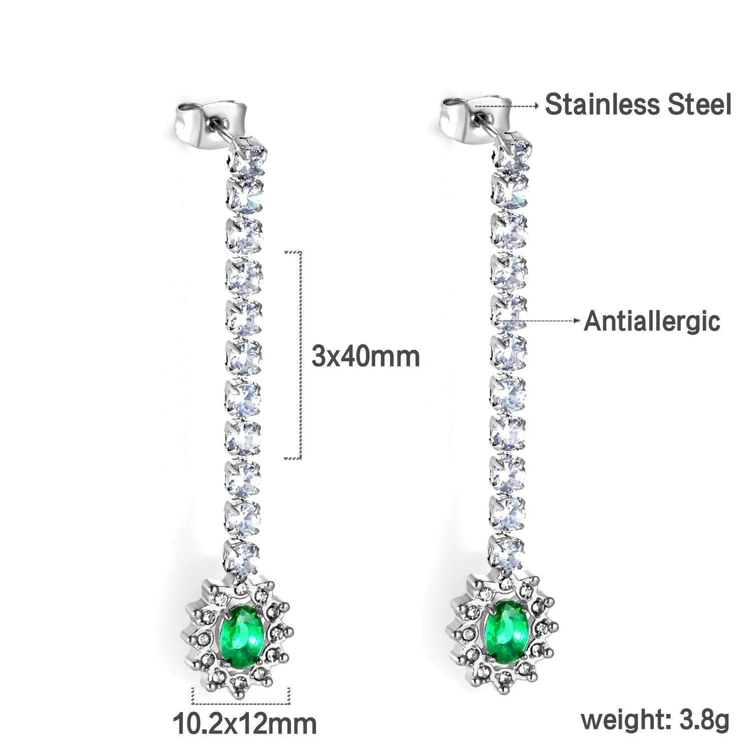 Square Baguette White Diamonds with Round Green Diamonds + White Diamond Hoop Earrings asonjewelry