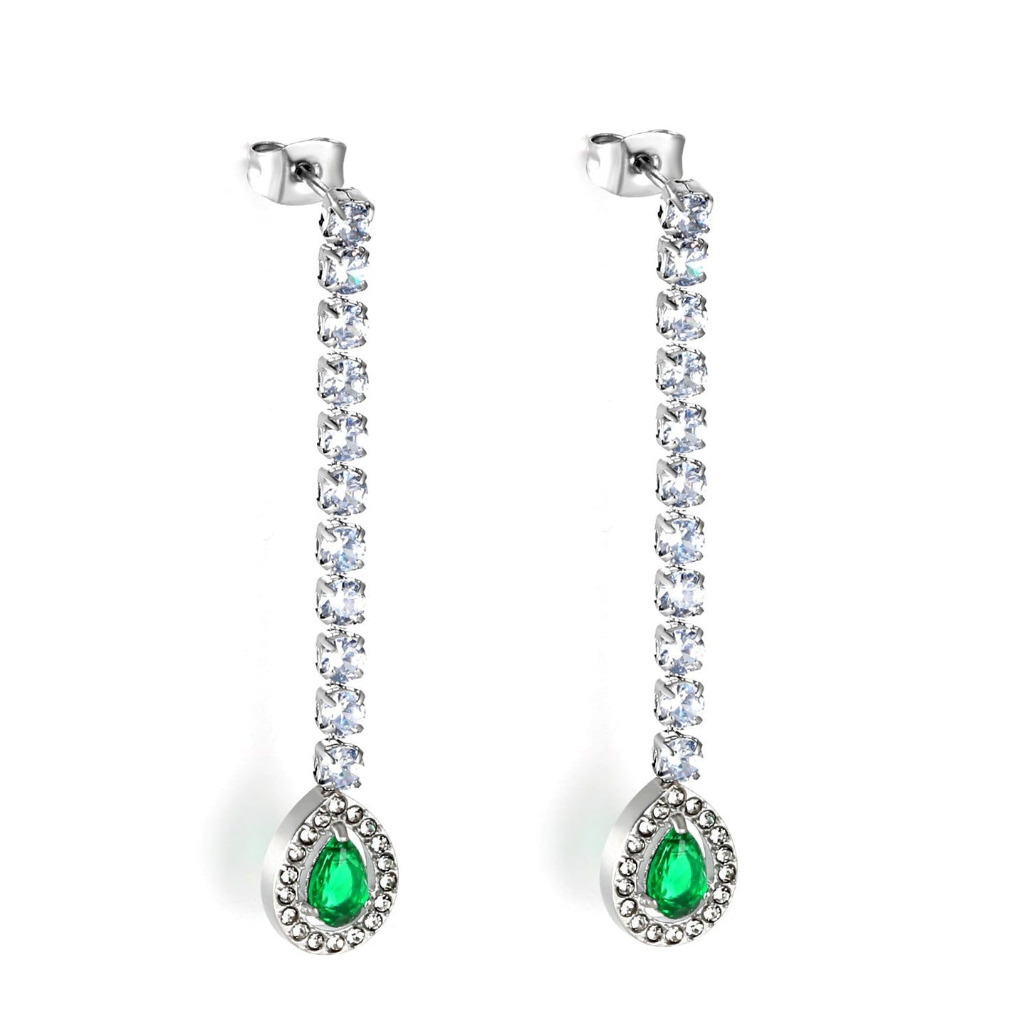 Square Baguette White Diamonds with Round Green Diamonds + White Diamond Hoop Earrings asonjewelry