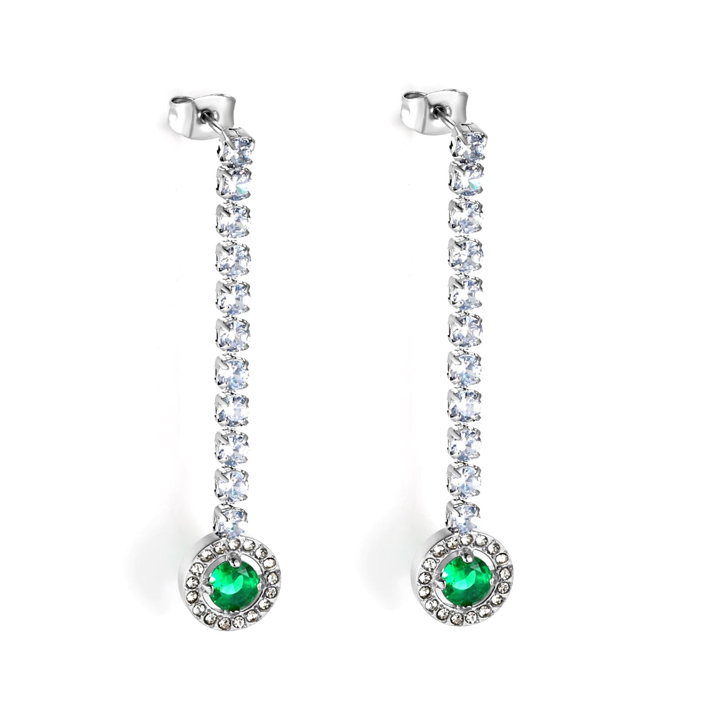 Square Baguette White Diamonds with Round Green Diamonds + White Diamond Hoop Earrings asonjewelry