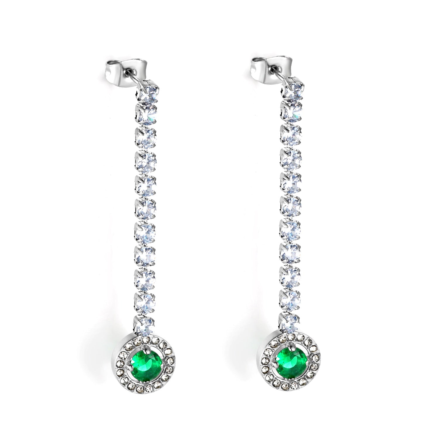 Square Baguette White Diamonds with Round Green Diamonds + White Diamond Hoop Earrings asonjewelry