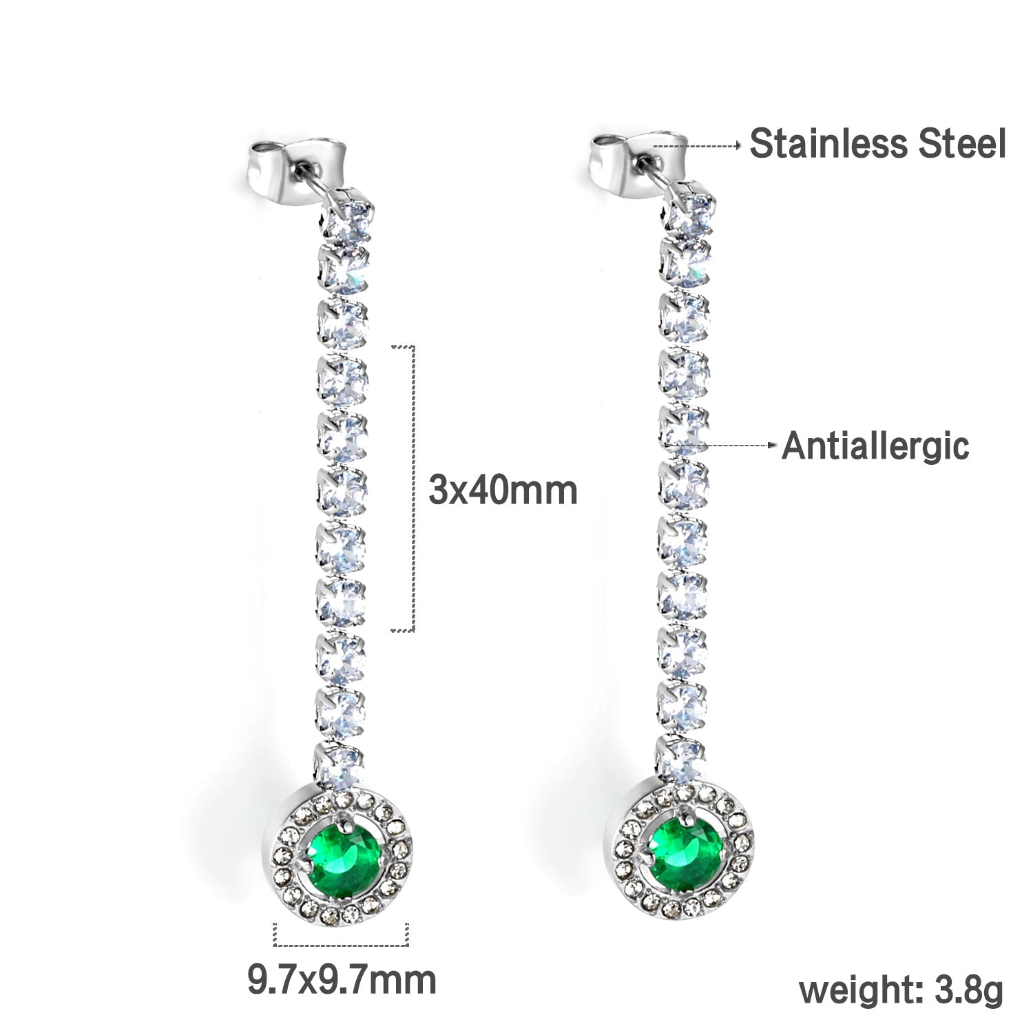 Square Baguette White Diamonds with Round Green Diamonds + White Diamond Hoop Earrings asonjewelry