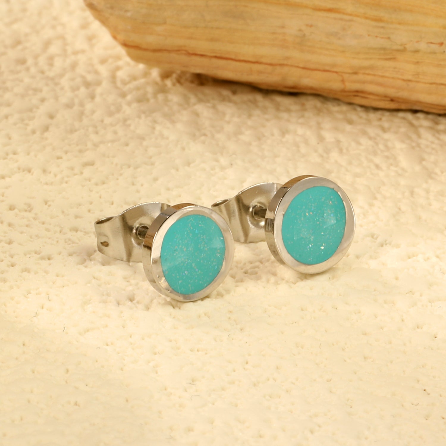 7.7mm Round with Gray Green/Mint Green Glitter Drip Earrings Steel Color asonjewelry