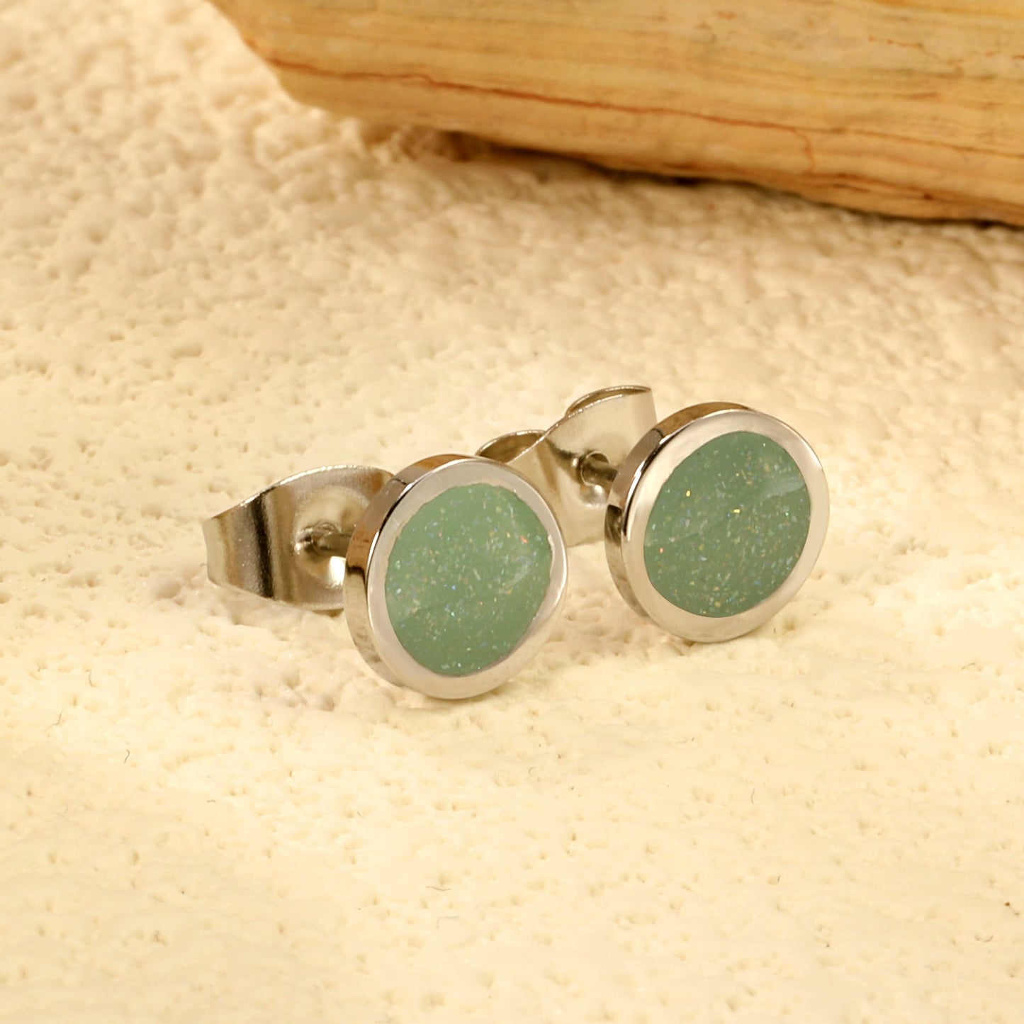 7.7mm Round with Gray Green/Mint Green Glitter Drip Earrings Steel Color asonjewelry