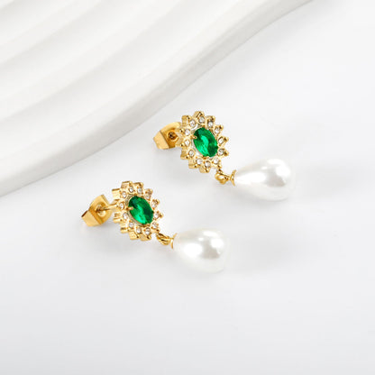 Heart Green Diamonds + White Diamond Hoops with Teardrop White Pearls Stud Earrings asonjewelry