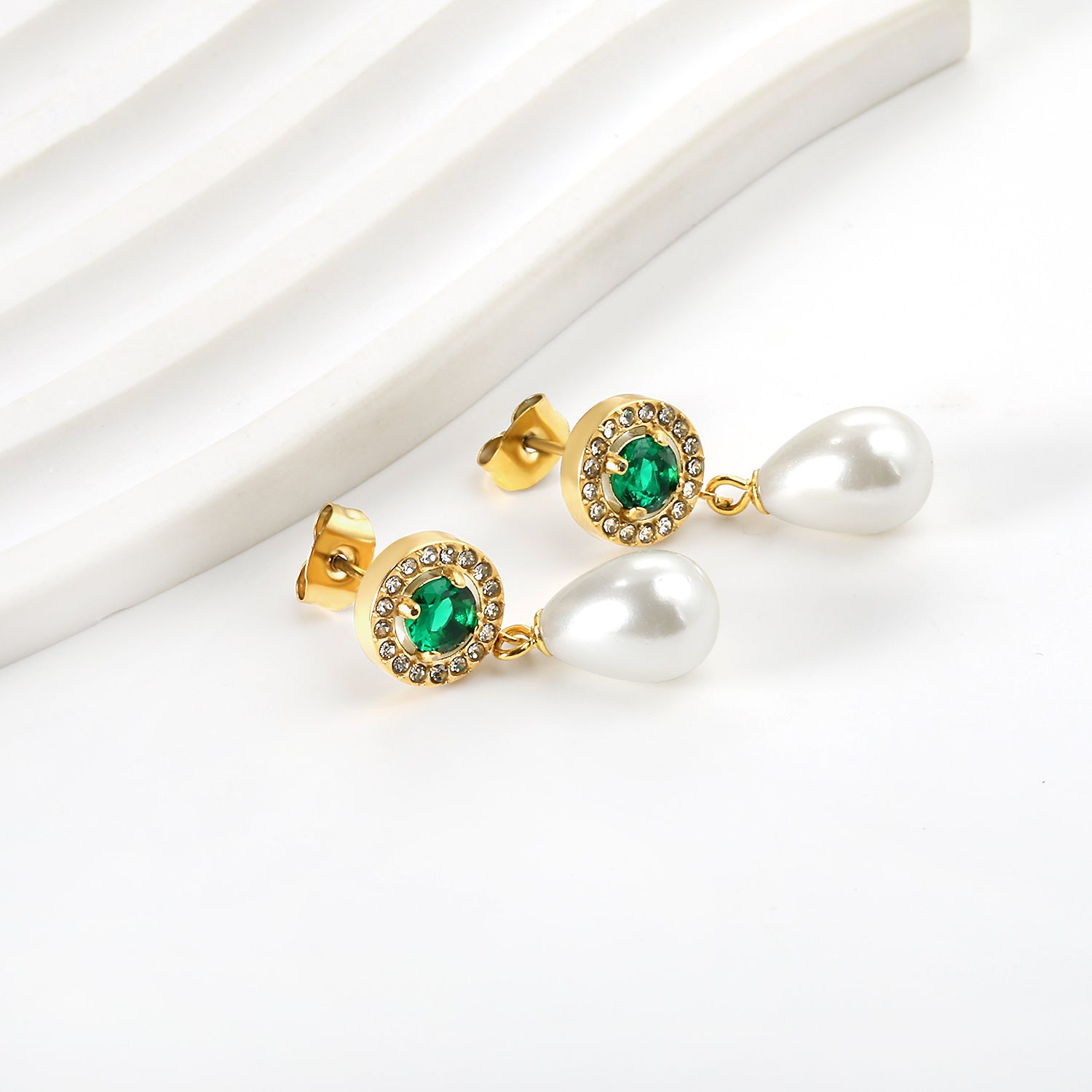 Heart Green Diamonds + White Diamond Hoops with Teardrop White Pearls Stud Earrings asonjewelry