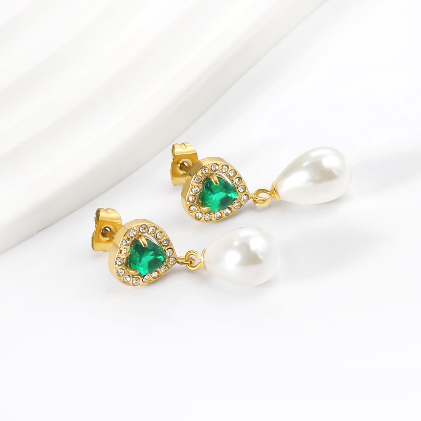 Heart Green Diamonds + White Diamond Hoops with Teardrop White Pearls Stud Earrings asonjewelry