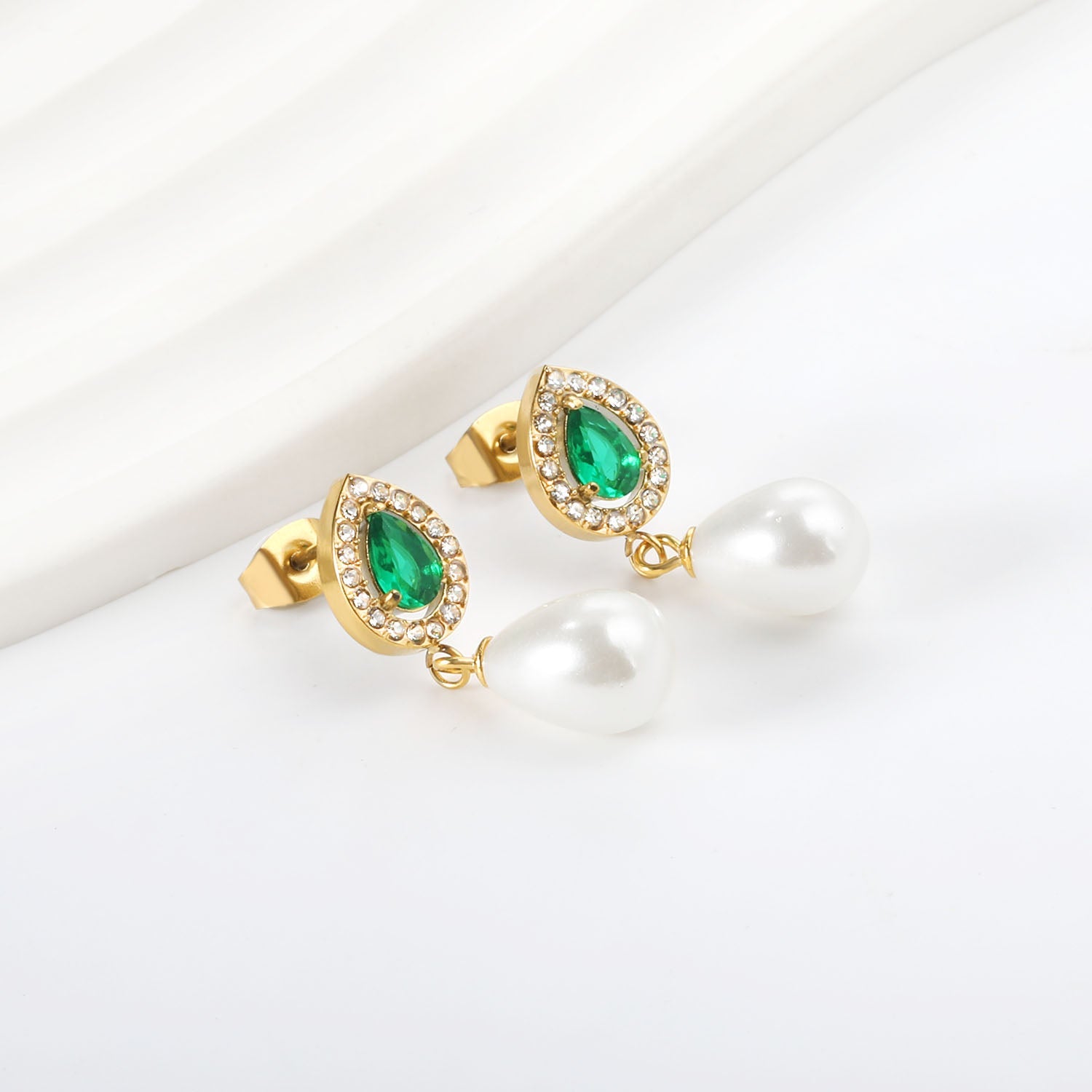 Heart Green Diamonds + White Diamond Hoops with Teardrop White Pearls Stud Earrings asonjewelry