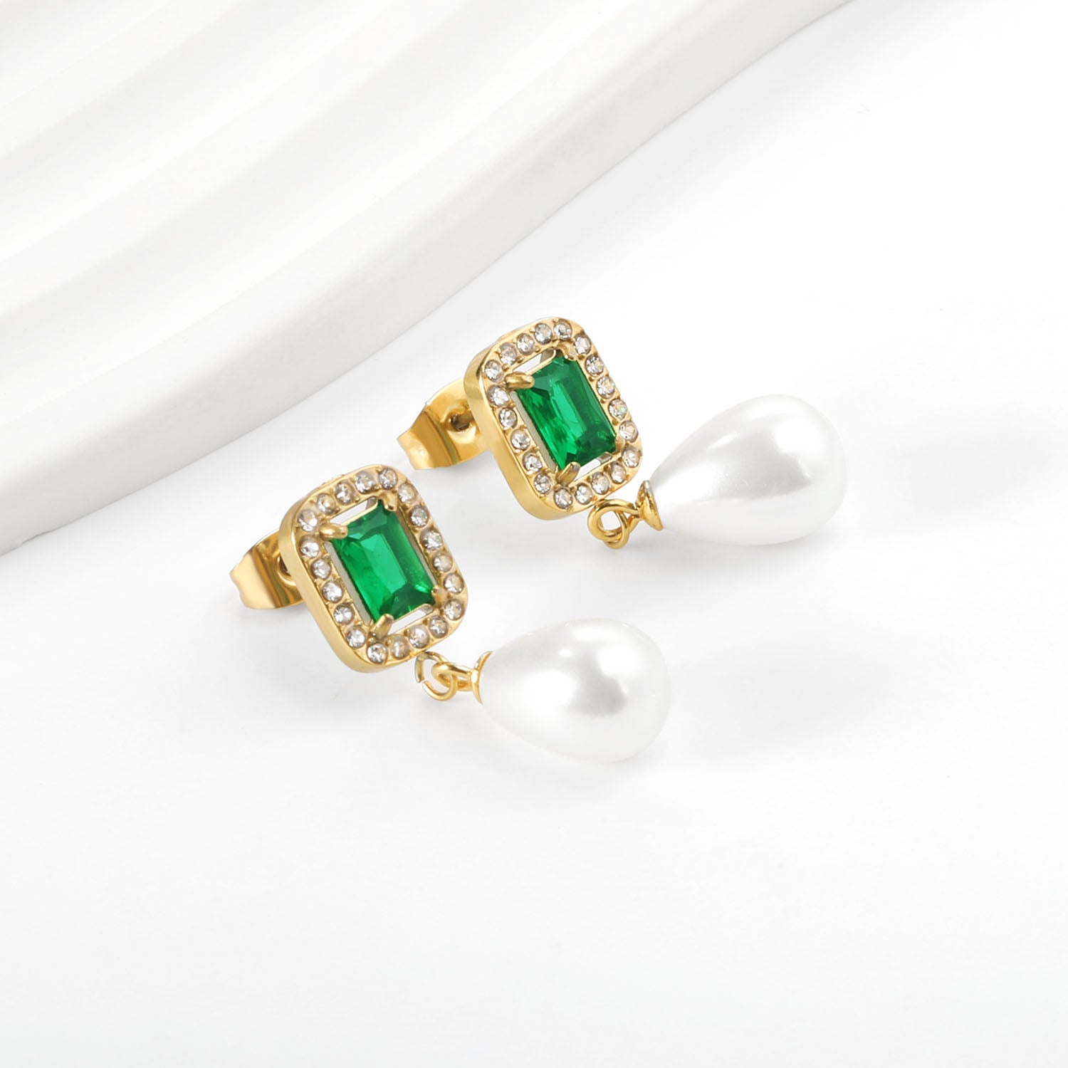 Heart Green Diamonds + White Diamond Hoops with Teardrop White Pearls Stud Earrings asonjewelry