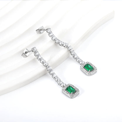 Square Baguette White Diamonds with Round Green Diamonds + White Diamond Hoop Earrings asonjewelry