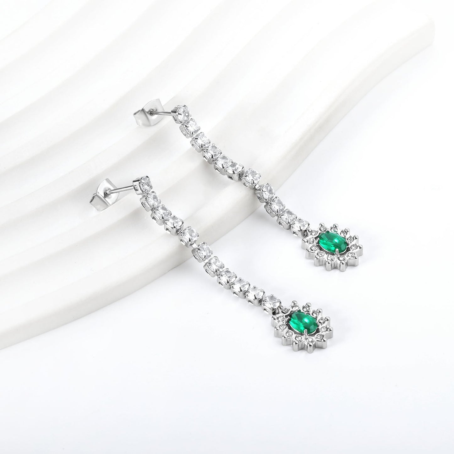 Square Baguette White Diamonds with Round Green Diamonds + White Diamond Hoop Earrings asonjewelry