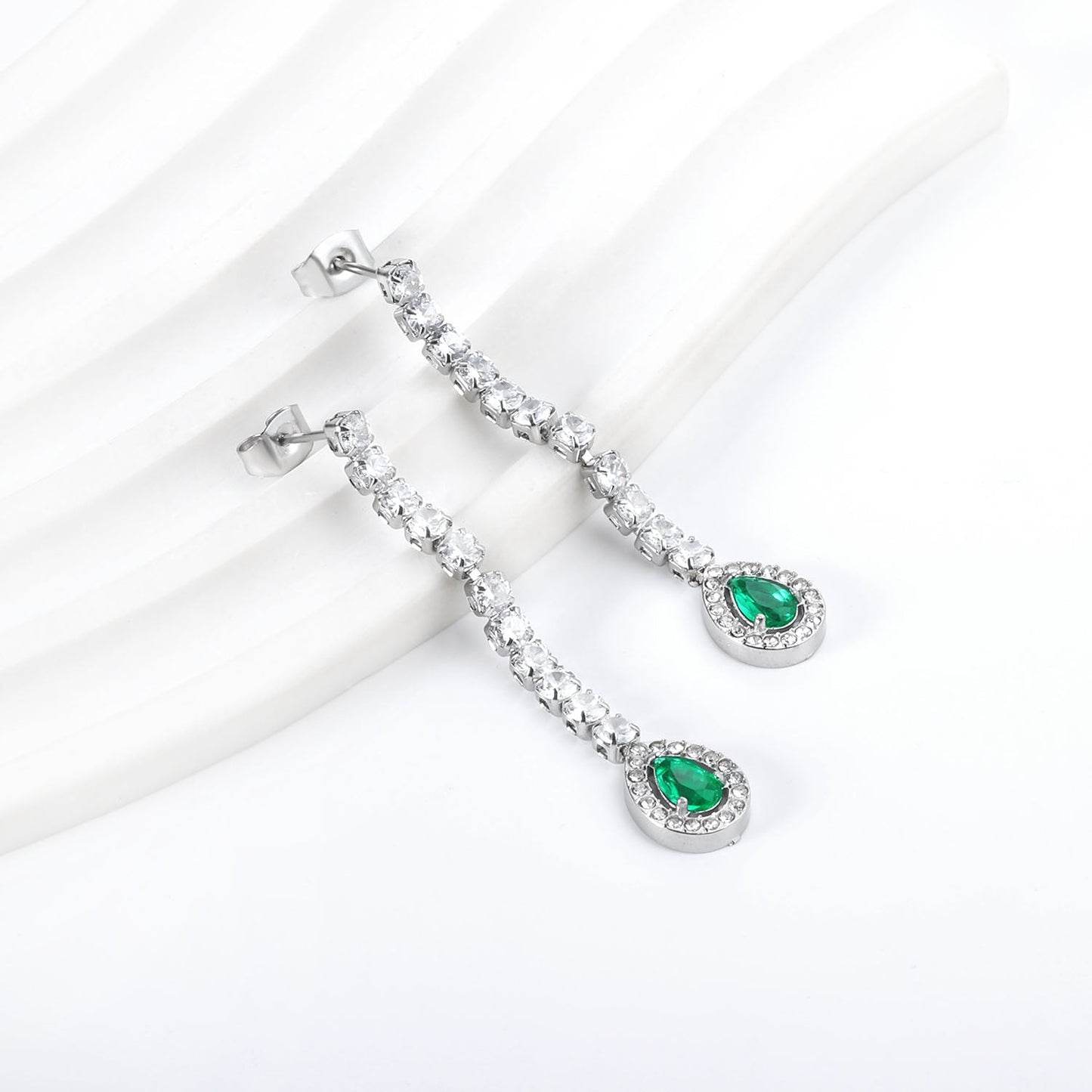 Square Baguette White Diamonds with Round Green Diamonds + White Diamond Hoop Earrings asonjewelry