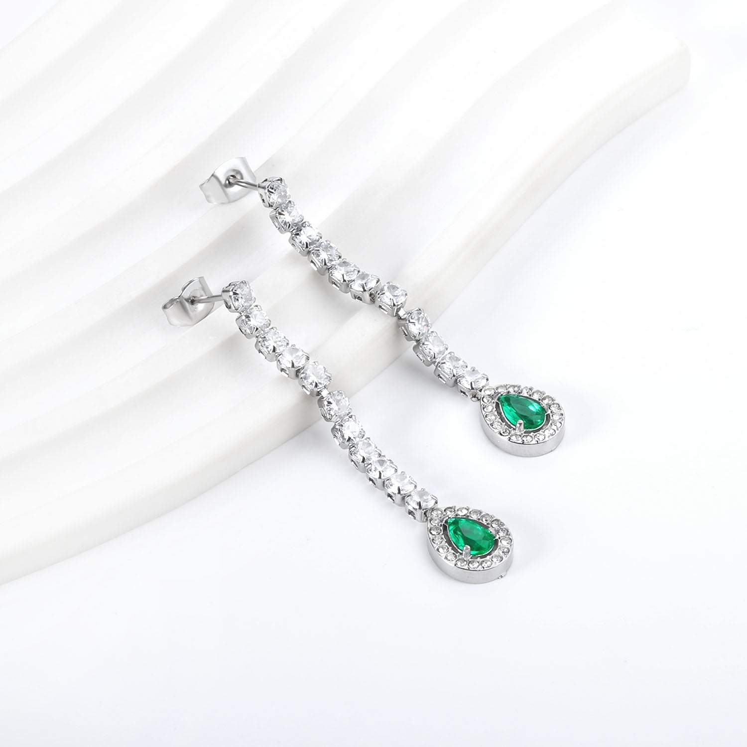 Square Baguette White Diamonds with Round Green Diamonds + White Diamond Hoop Earrings asonjewelry